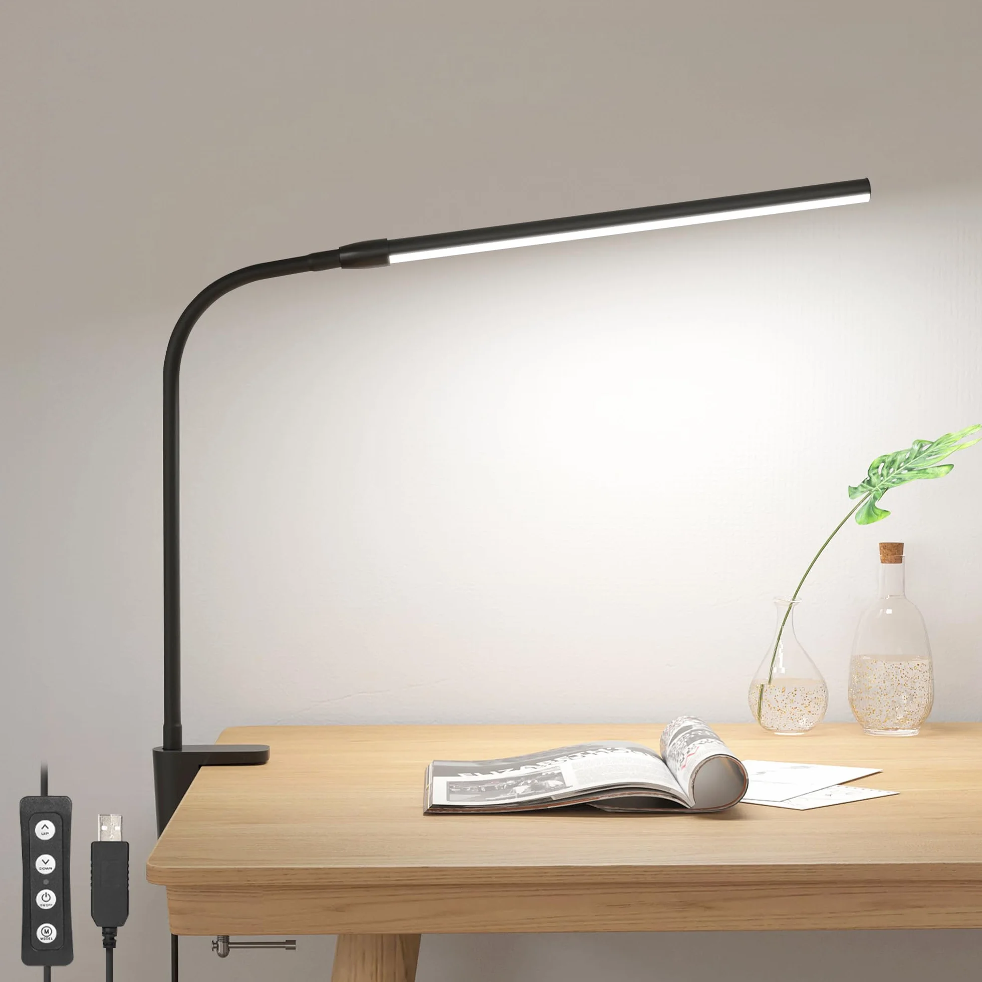 Lepro Lampa biurkowa LED zaciskowa z ramieniem obrotowym, ochrona oczu, USB, 3 kolory 10 poziomów jasności, czarna