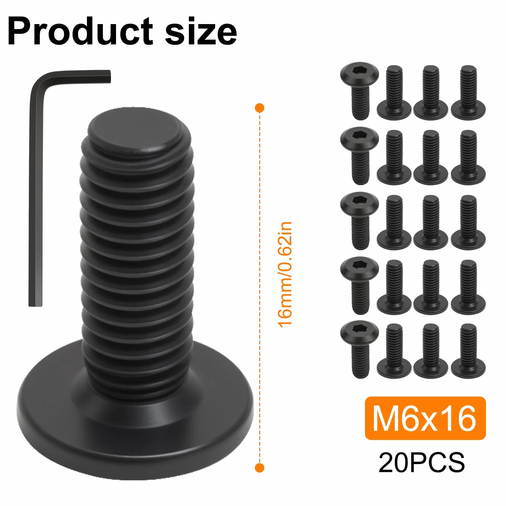 Zestaw 20 sztuk śrub M6, śruby z łbem płaskim M6 x 16 mm, zestaw śrub z łbem sześciokątnym, pełny gwint, czarny, stal nierdzewna, zestaw śrub imbusowych, z kluczem płaskim