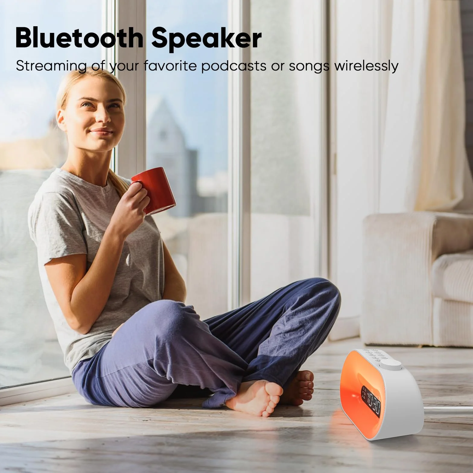 Budzik świetlny Bluetooth z symulacją wschodu słońca, radio FM, 2 alarmy, 16 kolorów światła nastrojowego