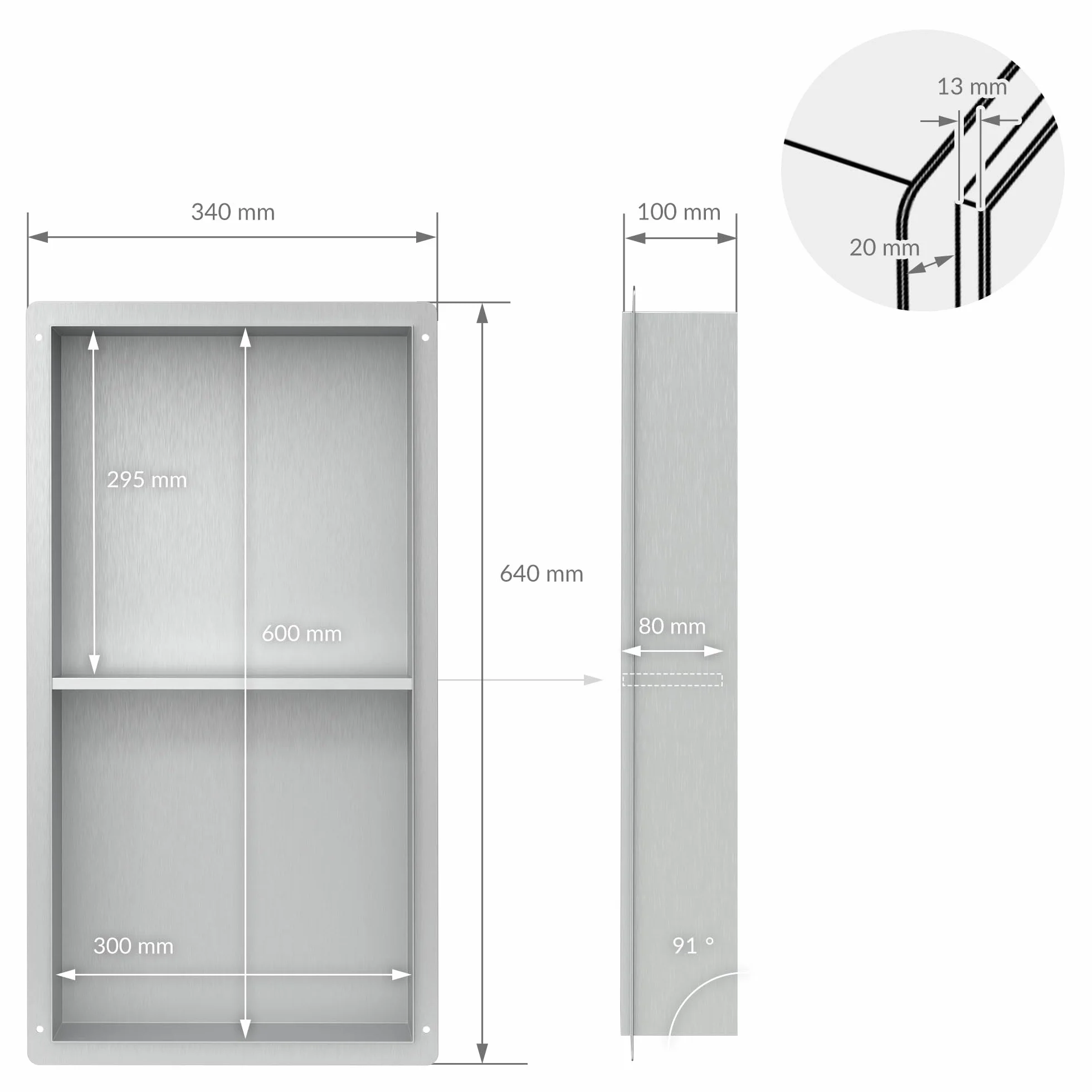 LuxeBath Nisza ścienna podwójna ze stali nierdzewnej 30x60x10 cm srebrna wneka prysznicowa bez obramowania