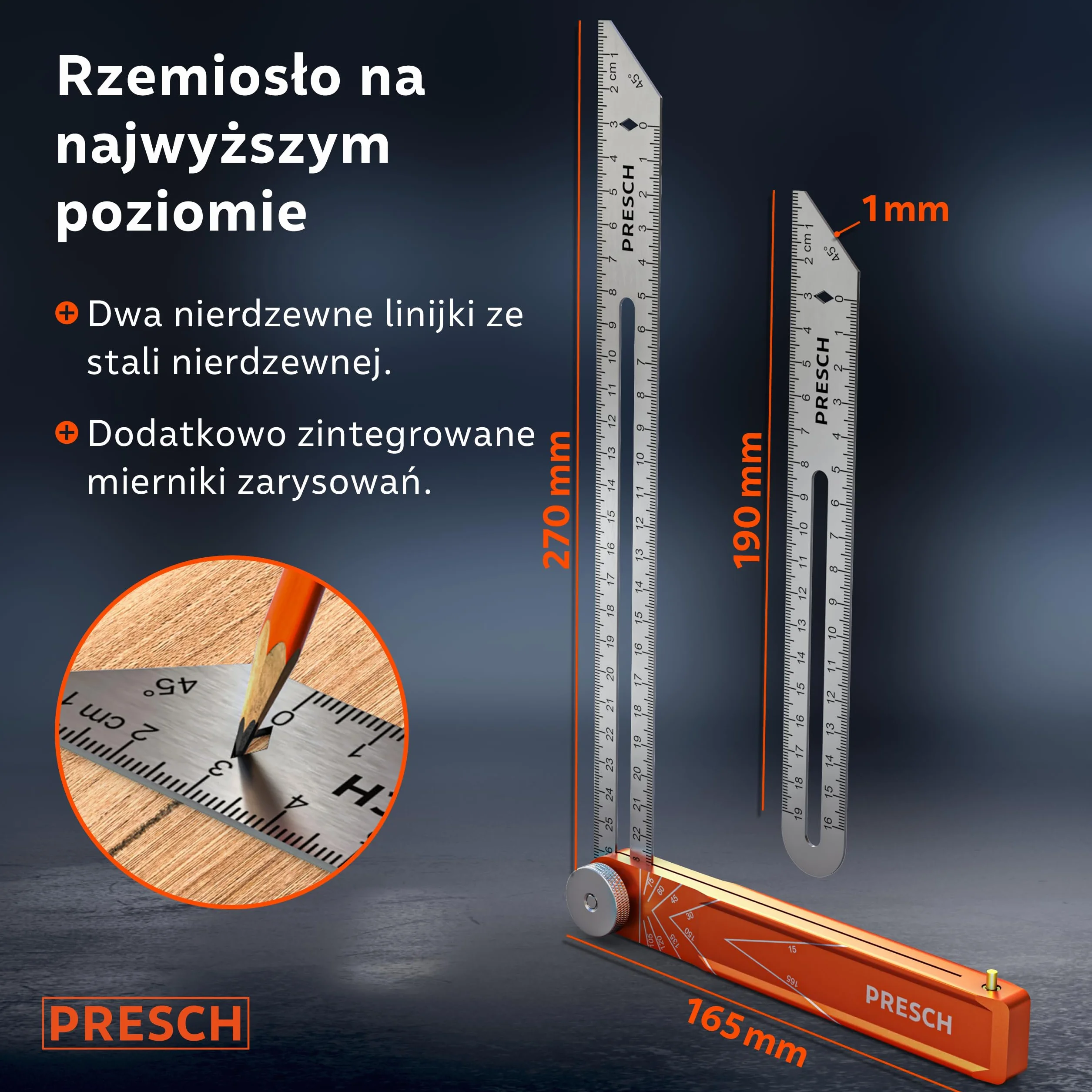 Presch Linijka Kąta Aktywności 190mm 270mm Precyzyjne Przenoszenie Kątów T-fazowy z Frezowanego Aluminium i Stali Nierdzewnej