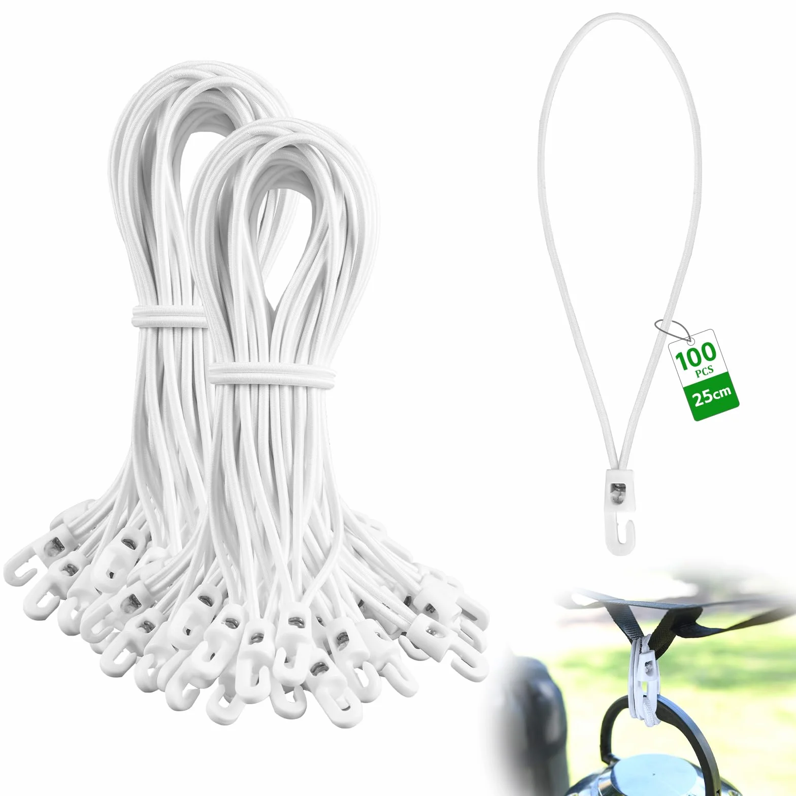 Napinacz z elastyczną linką 25 cm i haczykiem Ø4 mm, 100 sztuk, biały do plandek