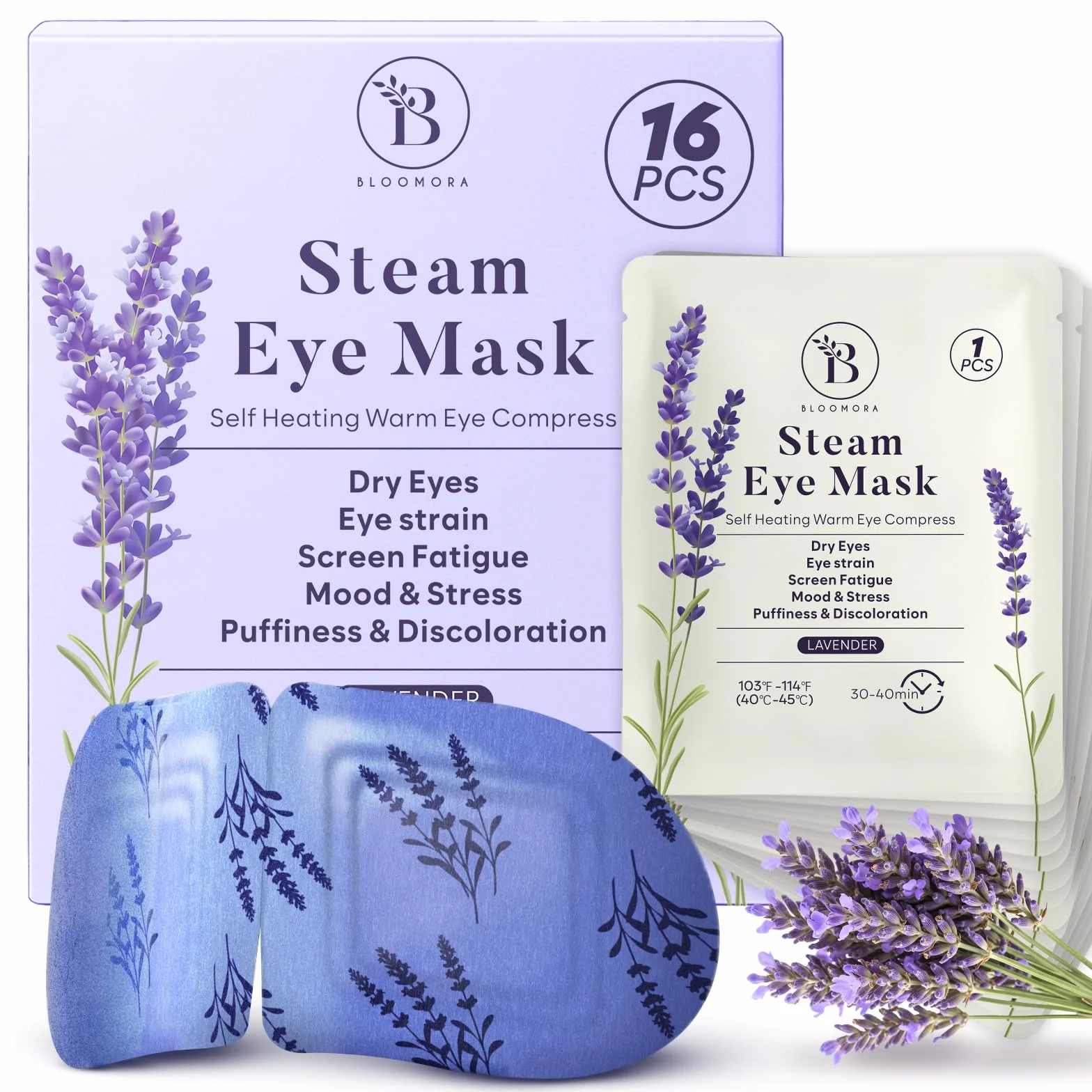 16 sztuk samonagrzewających się lawendowych masek na oczy, Steam Eye Mask przeciwko suchości, opuchliznom i zmęczeniu oczu – jednorazowy kompres cieplny do snu i podróży, ciepła maska płatki pod oczy