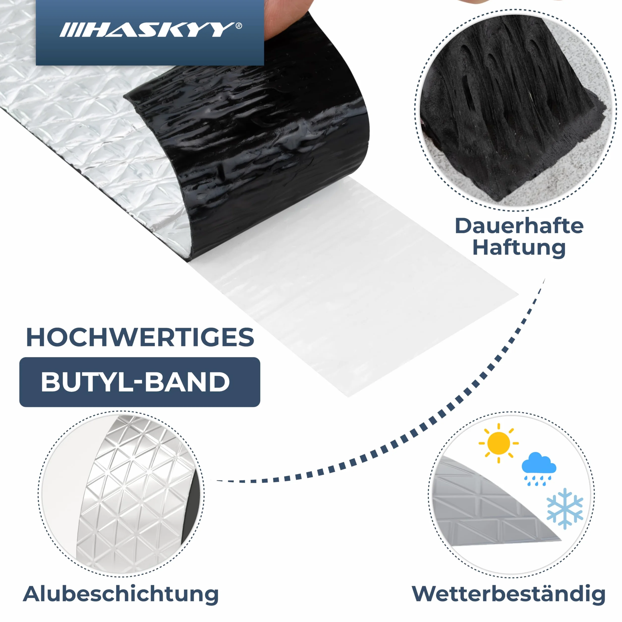 HASKYY Wodoszczelna taśma klejąca butylowa 5 cm x 5 m z folią aluminiową