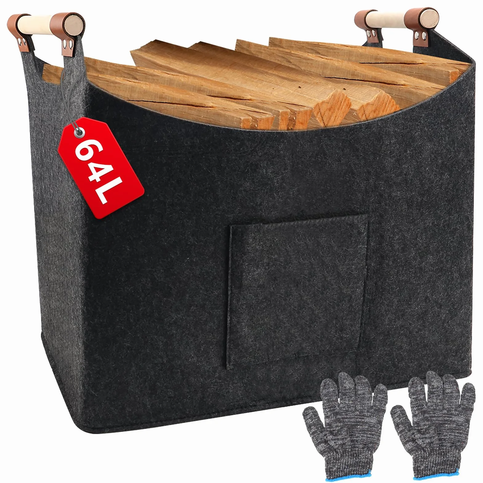 Filcowy kosz na drewno kominkowe XL (64 l, 50 x 32 x 40 cm), duży, bardzo gruby filc, składany kosz na drewno opałowe, z drewnianym uchwytem i rękawiczkami, na drewno opałowe, zakupy