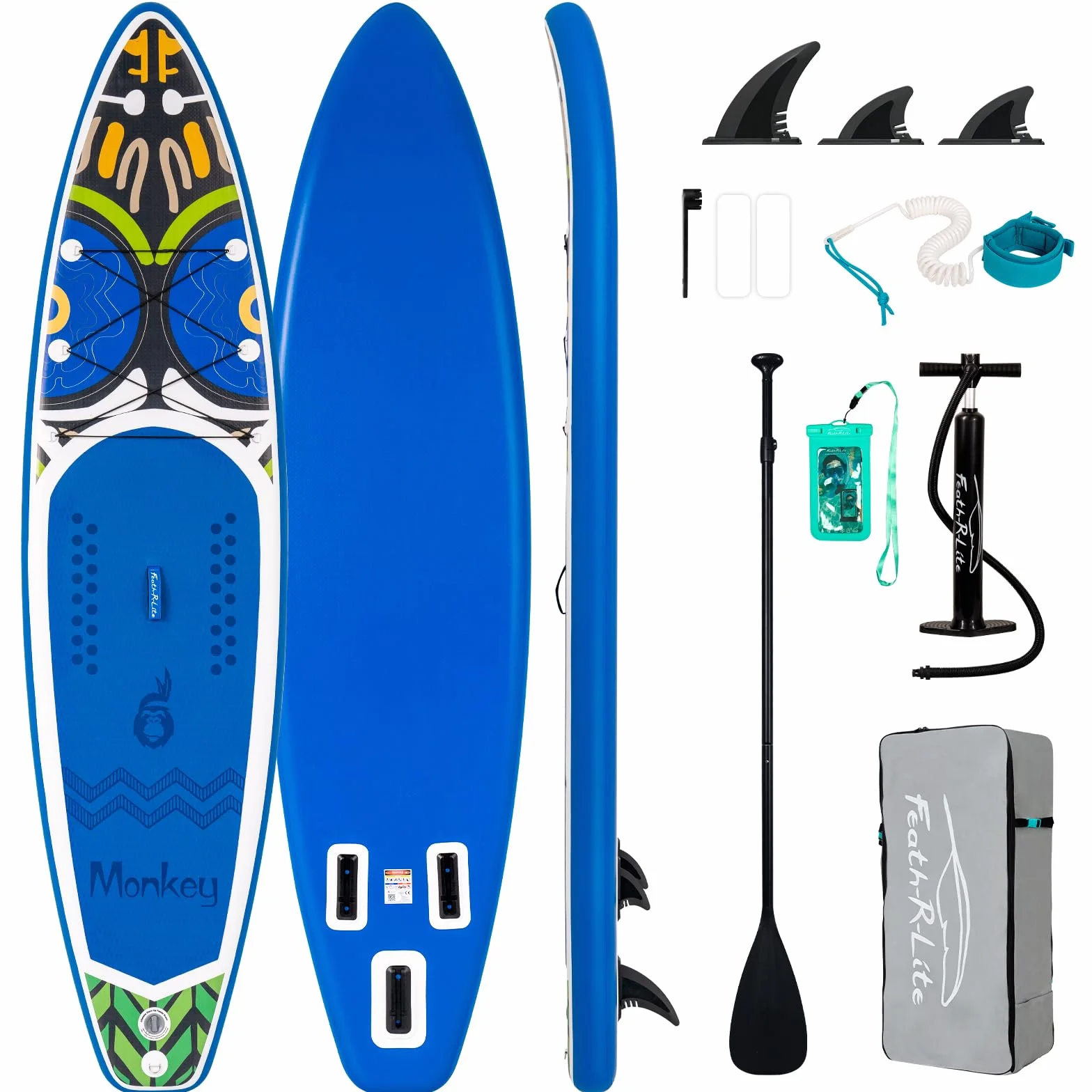FunWater Deska do wiosłowania, z pełnym wyposażeniem, z regulowanym wiosłem, pompką, plecakiem podróżnym, smyczą, wodoszczelną torbą (335 cm, AFFE-BLAU)
