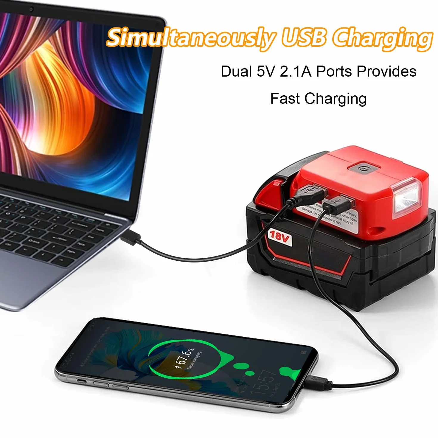 Adapter do baterii litowej 18 V 5 V/2,1 A podwójny adapter ładujący USB światło robocze LED 12 V DC konwerter mocy dla Milwaukee M18 czerwony