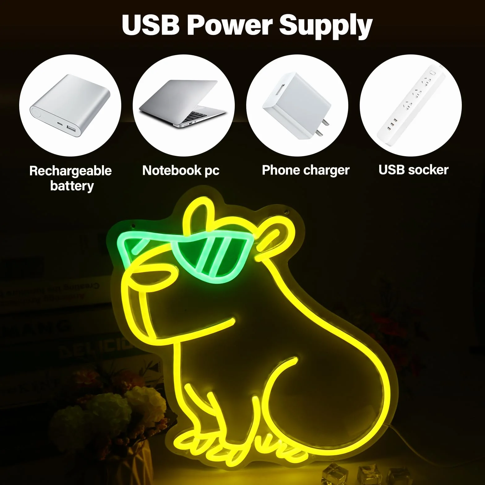 Lotvic Kapibara Neon Kapibara neonowe światło nocne zasilane przez USB, neonowe światło LED, do sklepu, pomysł na prezent urodzinowy dla dzieci
