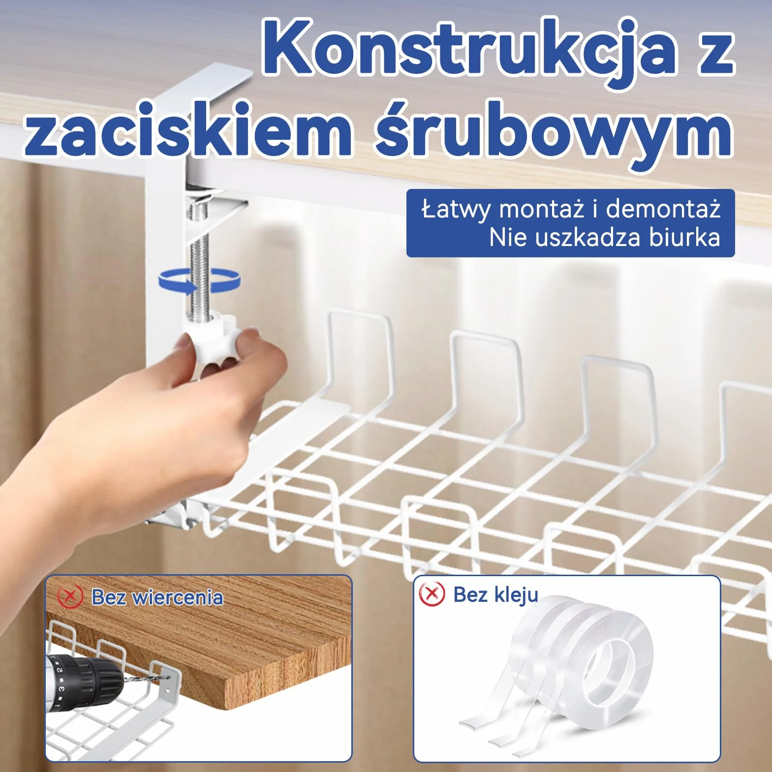 HOMMAND Kanał Kablowy na Biurko, Taca do Zarządzania Kablami pod Biurkiem, Stalowe Organizery Kabli Biurkowych, Organizer Kabli pod Biurko do Zarządzania Kablami i Listwami Zasilającymi, Biały