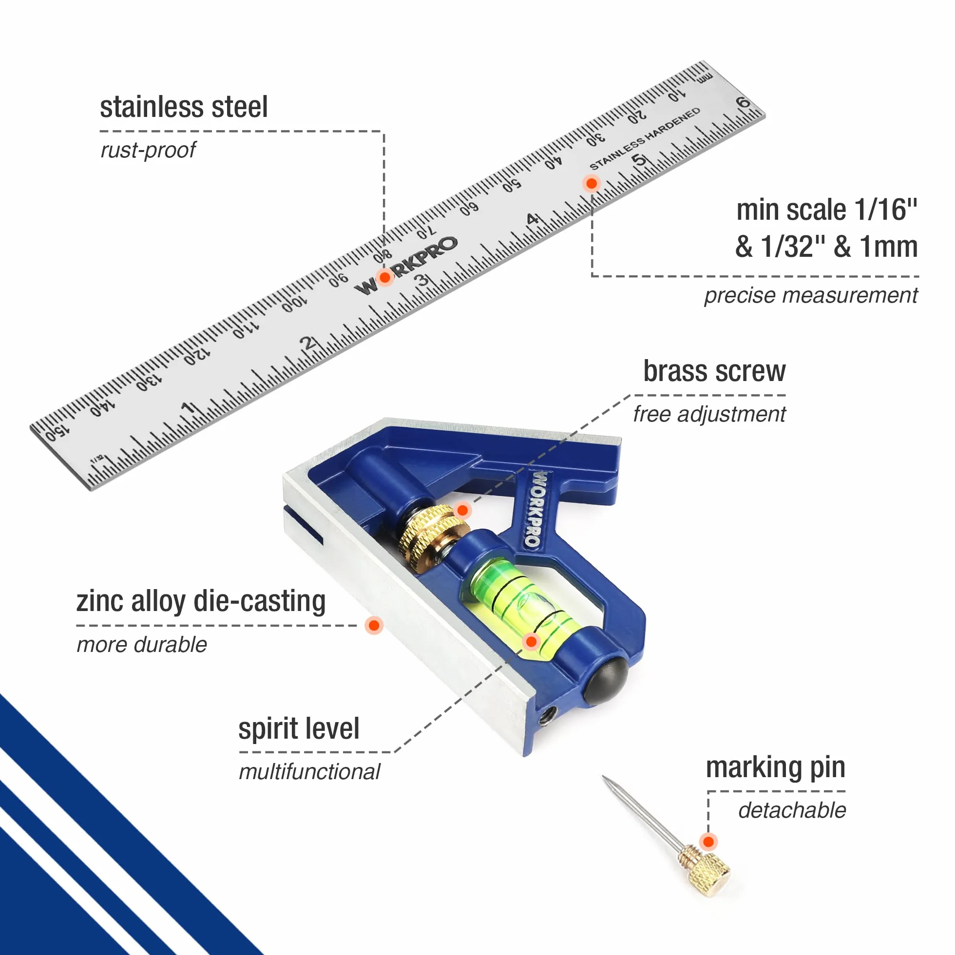 WORKPRO Kątomierz wielofunkcyjny 150 mm stal nierdzewna z poziomicą