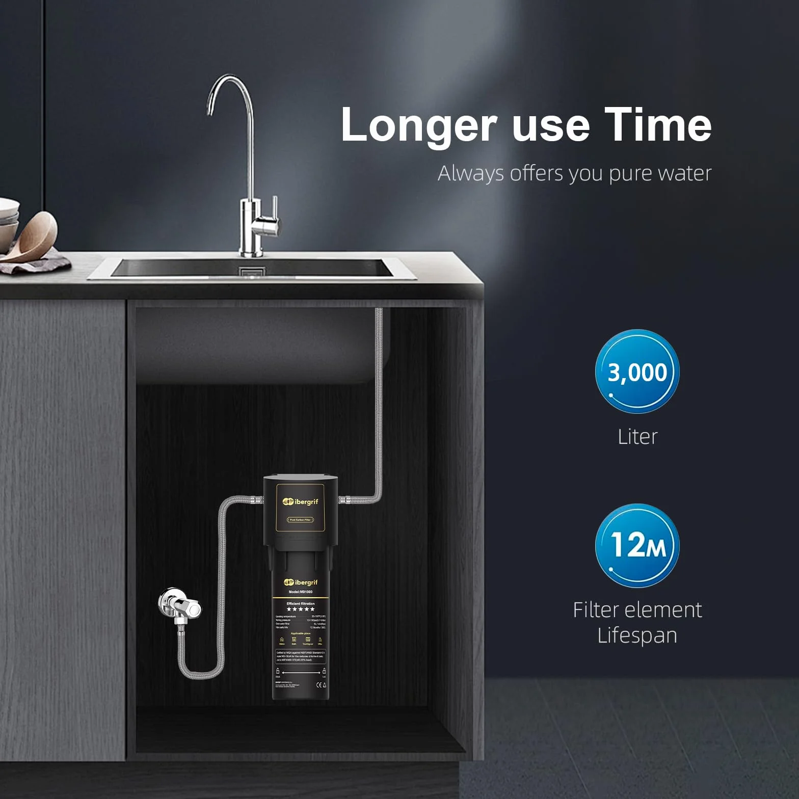Ibergrif M91009 system filtra wody pod zlewem, NSF/ANSI 42, redukuje chlor, ołów, fluorek, zły smak i zapach, czarny