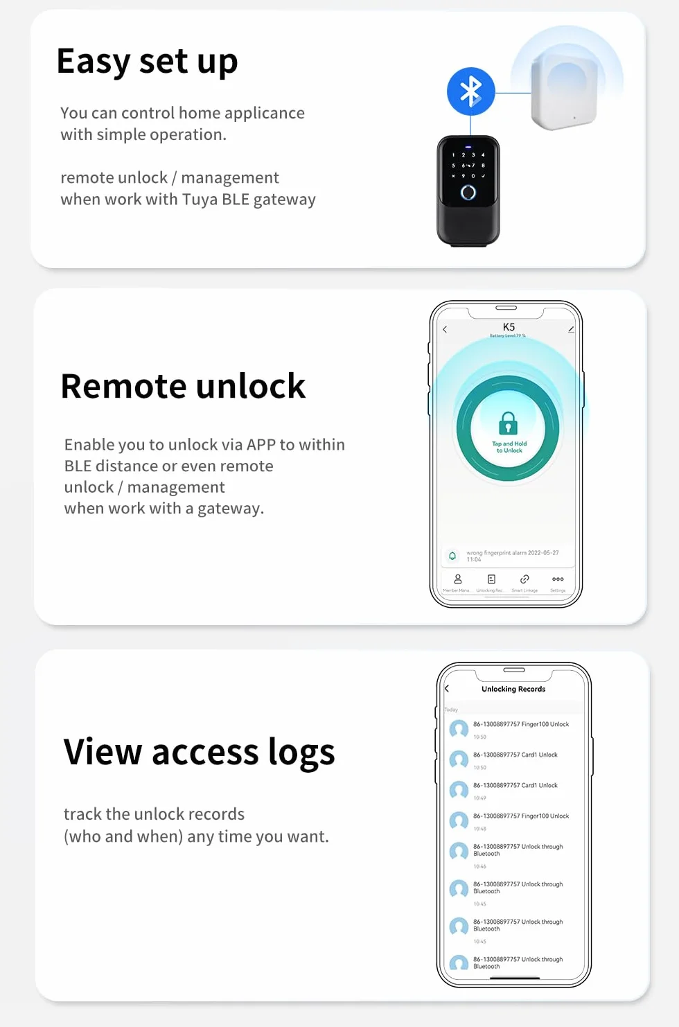 Podłączona skrzynka na klucze - Internet przez Tuya i bramę Bluetooth/Wi-Fi 2.4 GHz - Metody: Smartphone, kod, odcisk palca, karty RFID (4) + klucze awaryjne (2) - IP65