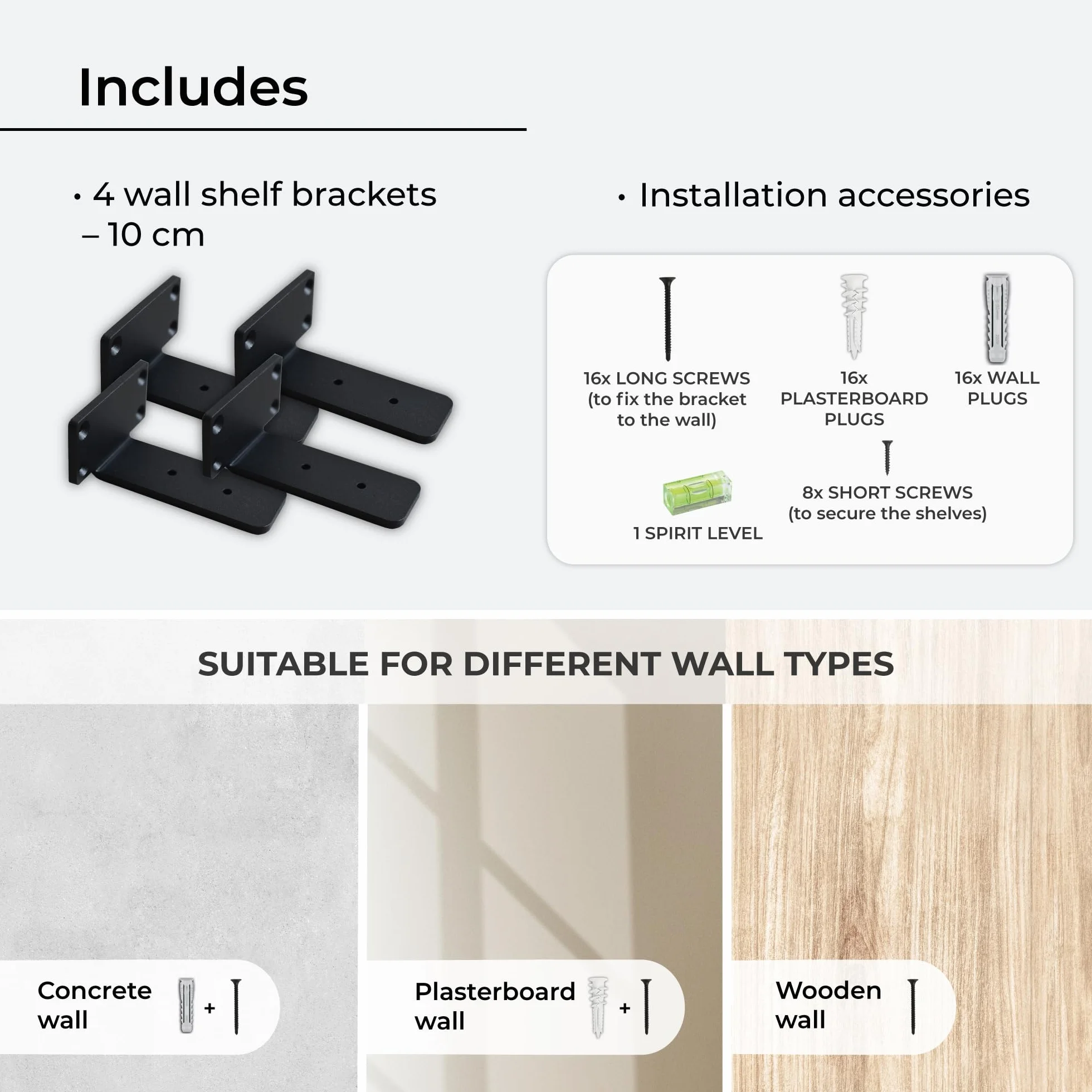 MILUKA Pack 4 L-shaped Wall Brackets 10 cm Heavy Duty Steel 70 kg Black Industrial Design