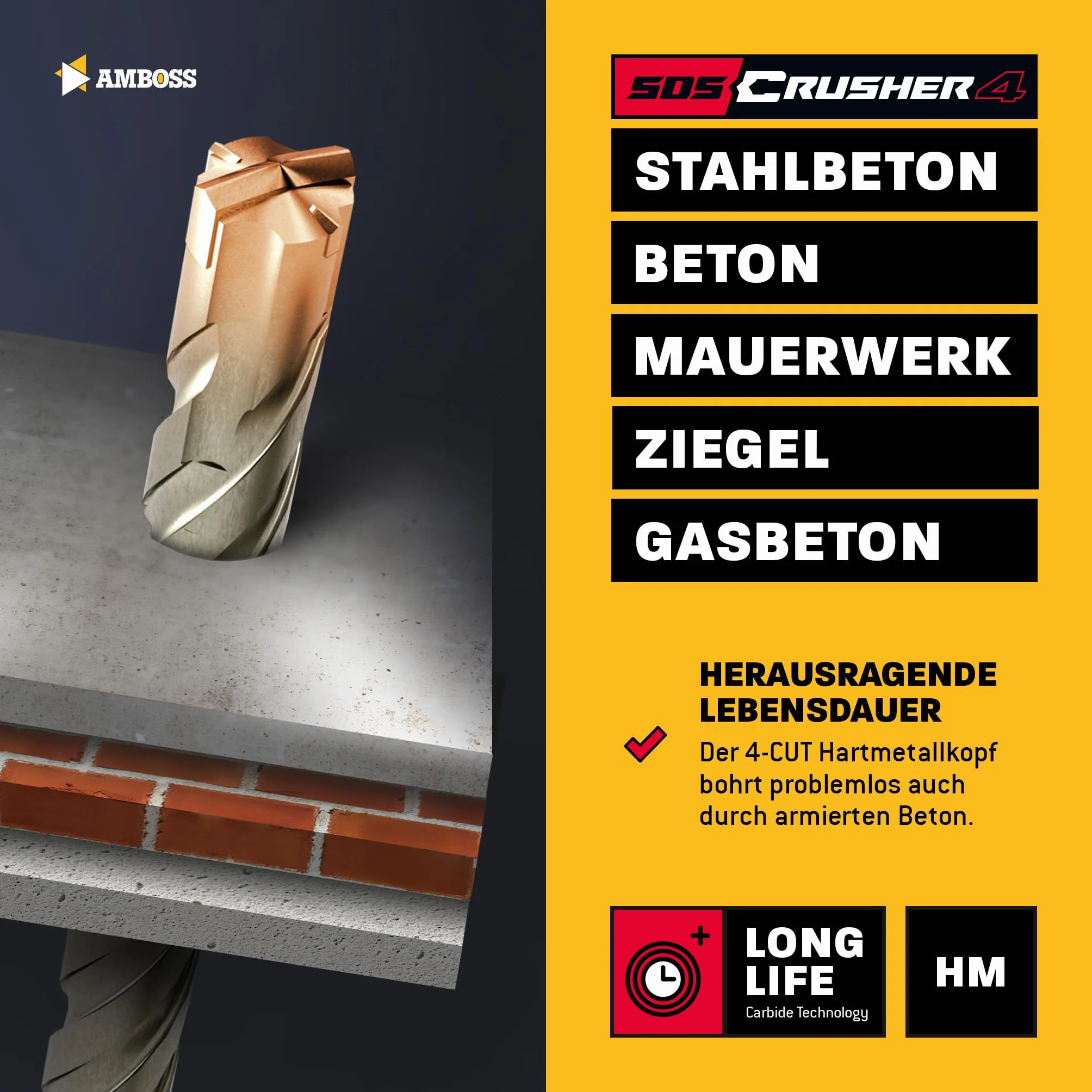Wiertło udarowe SDS Plus PGM Ø 15,0 mm x 182 mm AMBOSS SDS Crusher 4 HM do betonu