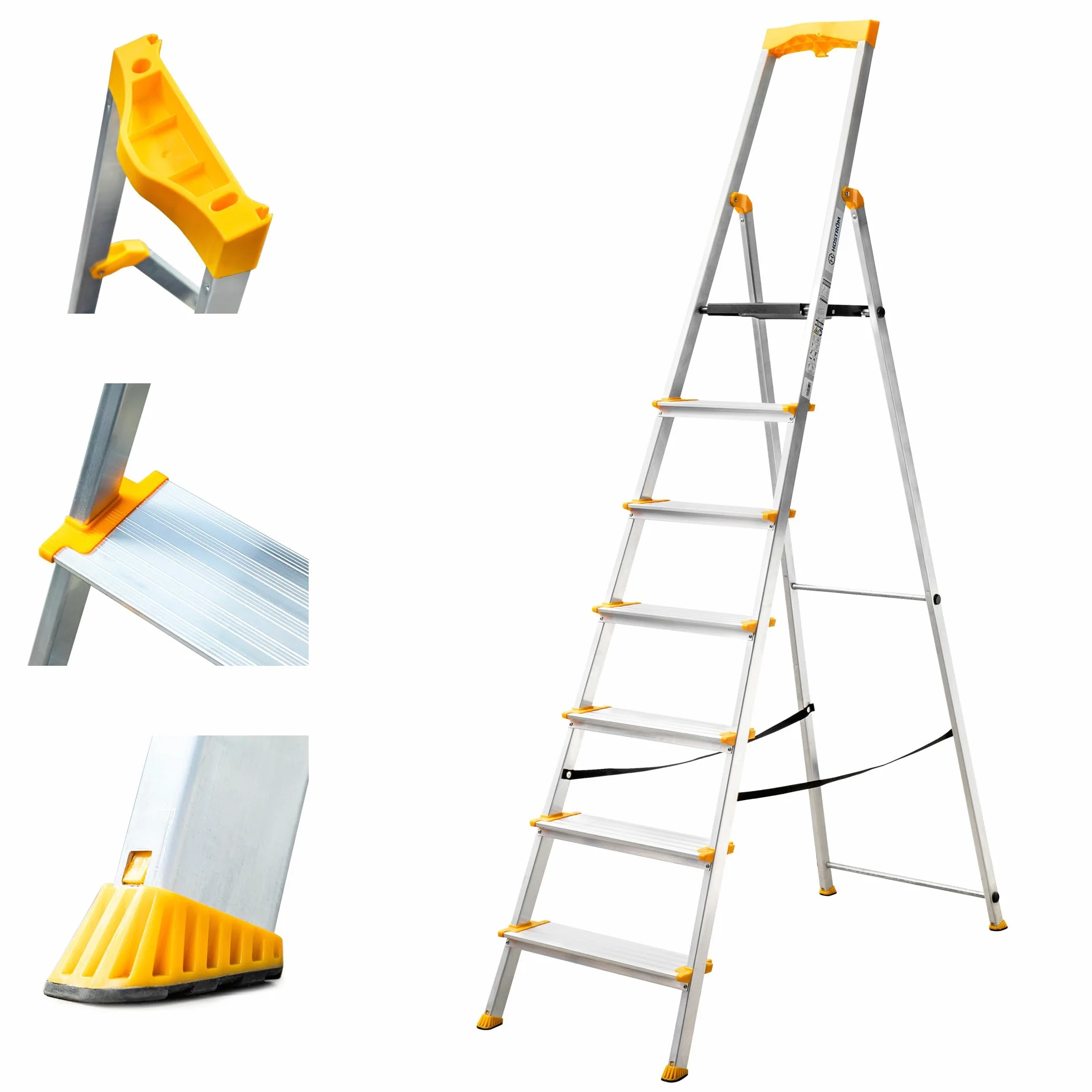HOSTROM 7-stopniowa aluminiowa drabinka składana, 12 cm stopnie, uchwyt na narzędzia