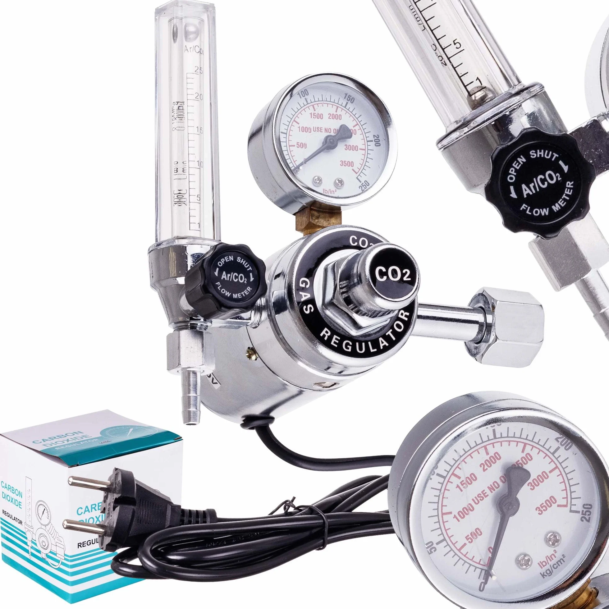 TC TECHNIC reduktor do CO₂ i argonu z rotametrycznym miernikiem przepływu i podgrzewaczem gazu 230 V, ciśnienie wejściowe 200 bar