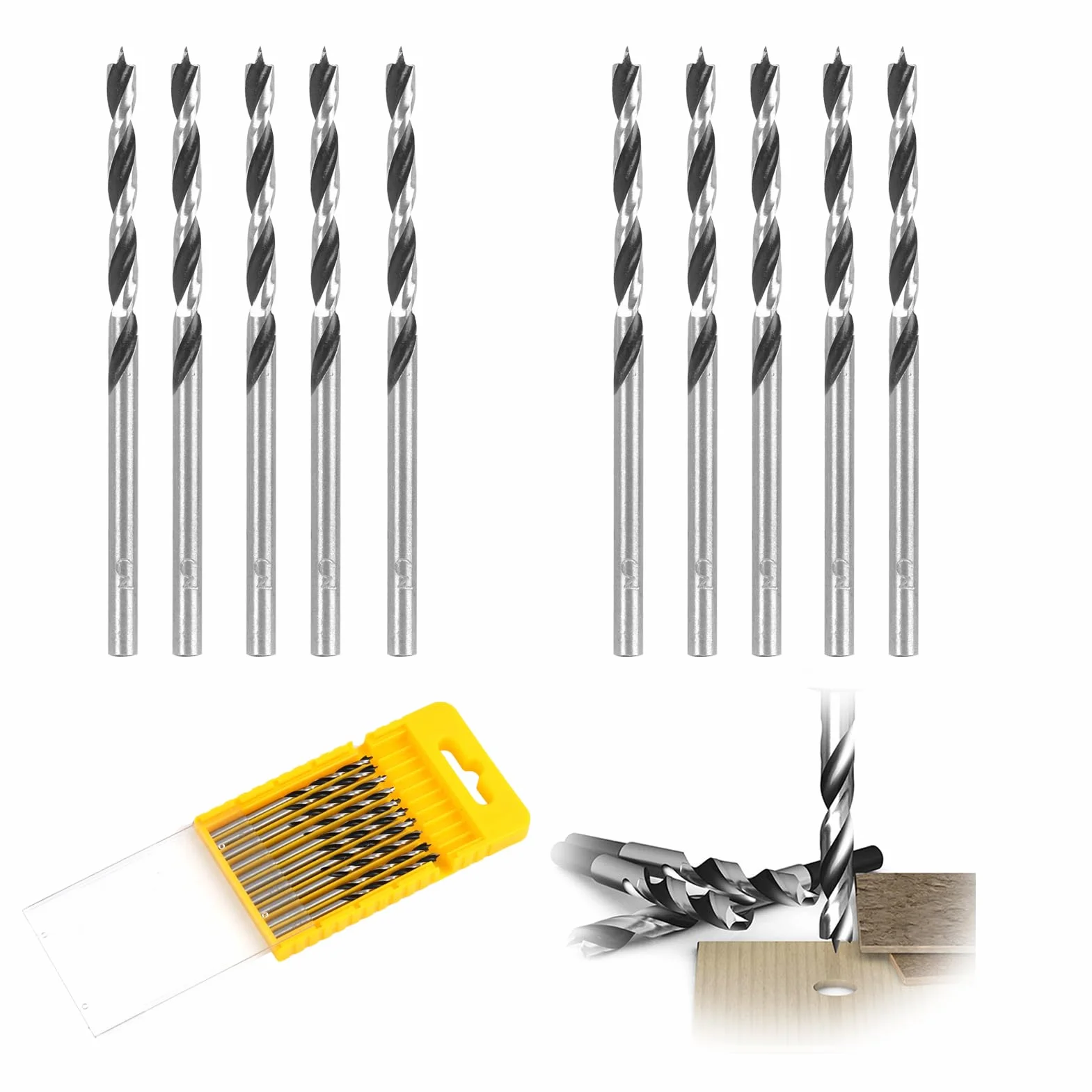 Zestaw wierteł do drewna 3 mm, 10 sztuk, wiertła ślimakowe spiralne