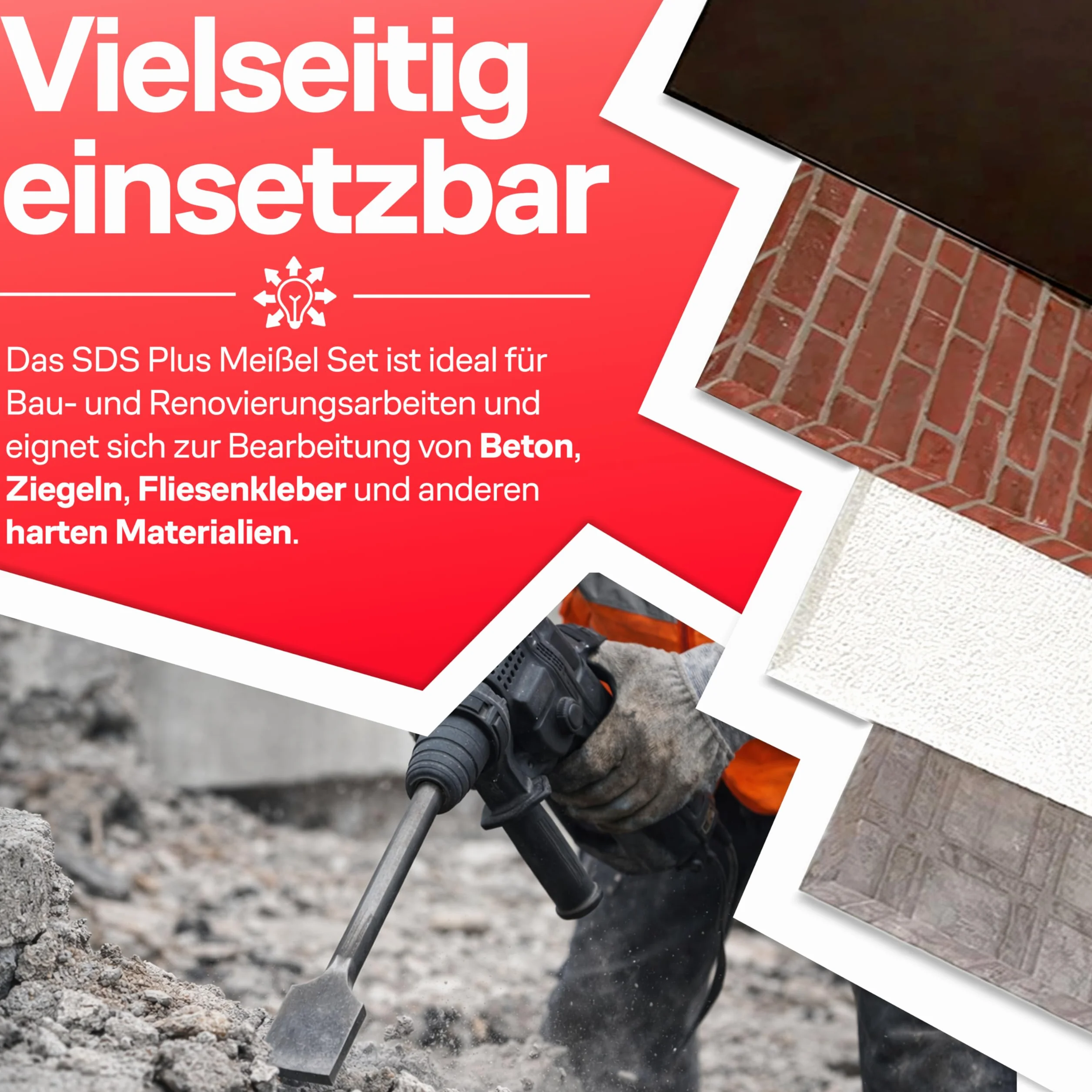 Retoo SDS Plus 4-częściowy zestaw dłut 250 mm do betonu, cegły, asfaltu