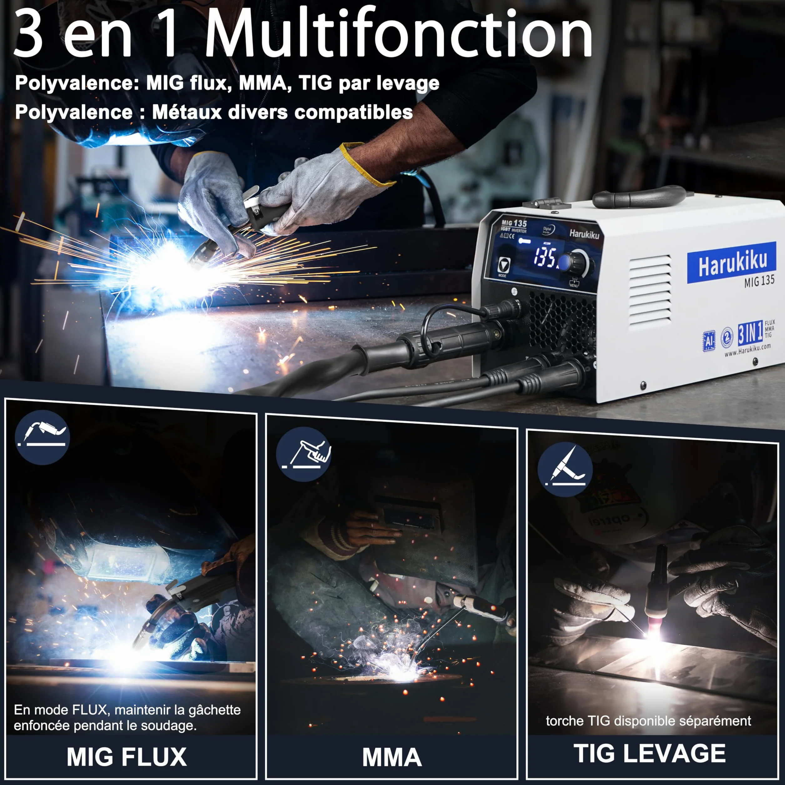 Harukiku135 Spawarka 3w1 Wieloprocesowa MIG MMA Lift TIG Synergicznym Podajnikiem Bezgazowa Kompaktowy Inverter IGBT