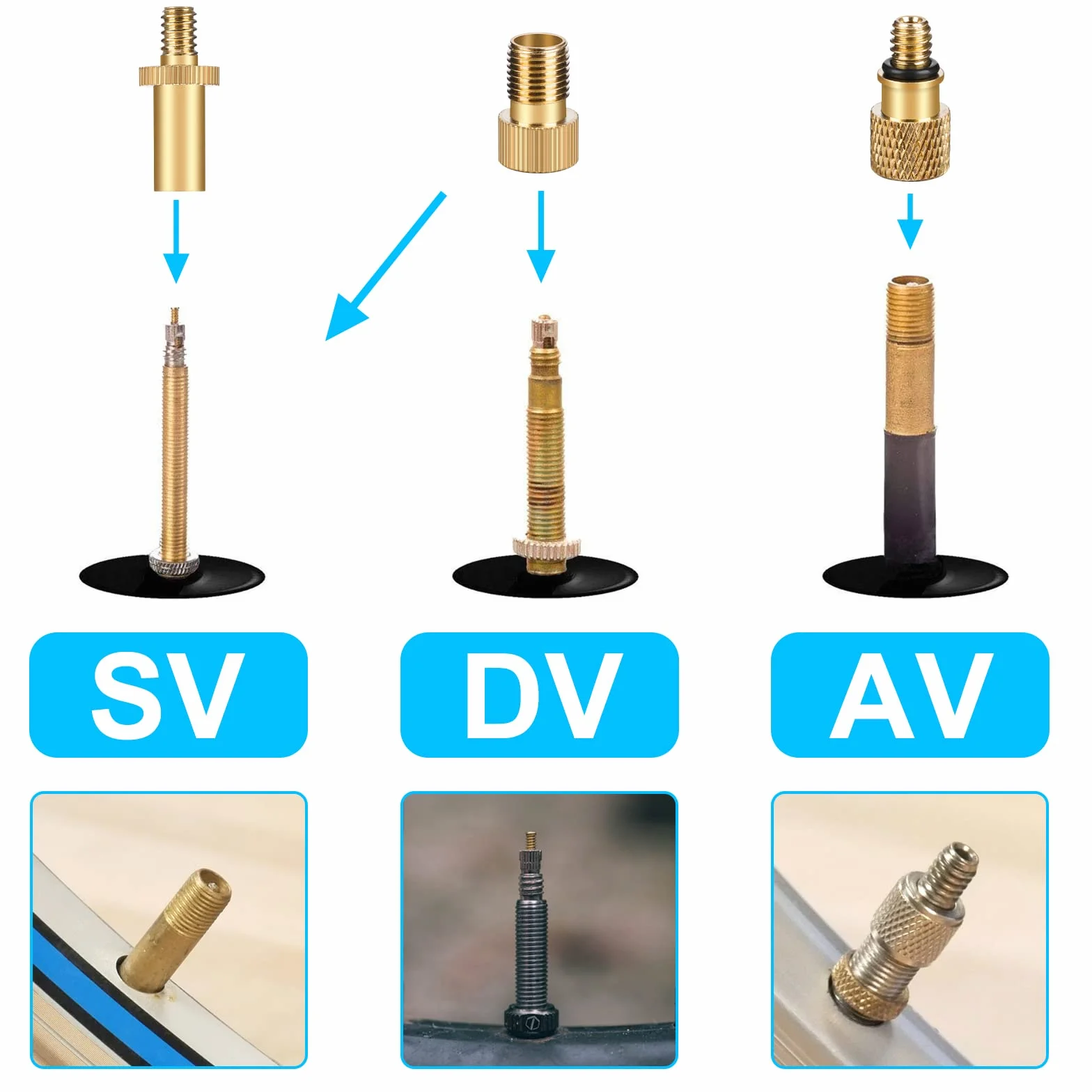 flintronic Adapter do wentyla rowerowego 15 szt., adapter do pompki rowerowej, adapter wentyla rowerowego DV/SV/AV, do sprężarki rowerowej, do pompki kulowej, do pompy powietrza