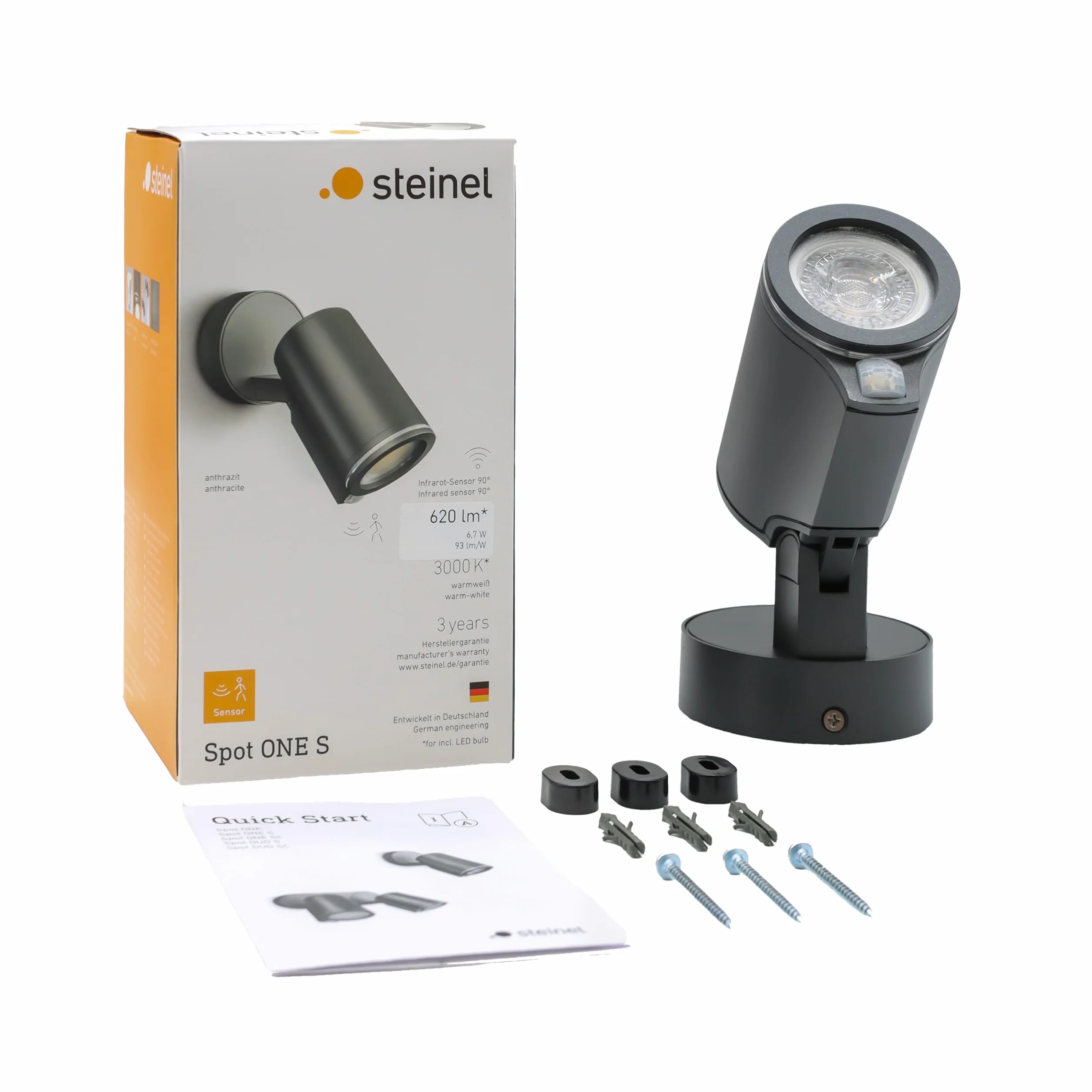 Steinel Reflektor LED Spot ONE S antracytowy, czujnik ruchu 90°, z żarówką LED GU10, podłączany do sieci za pomocą kabla, aluminium, 7,47 W