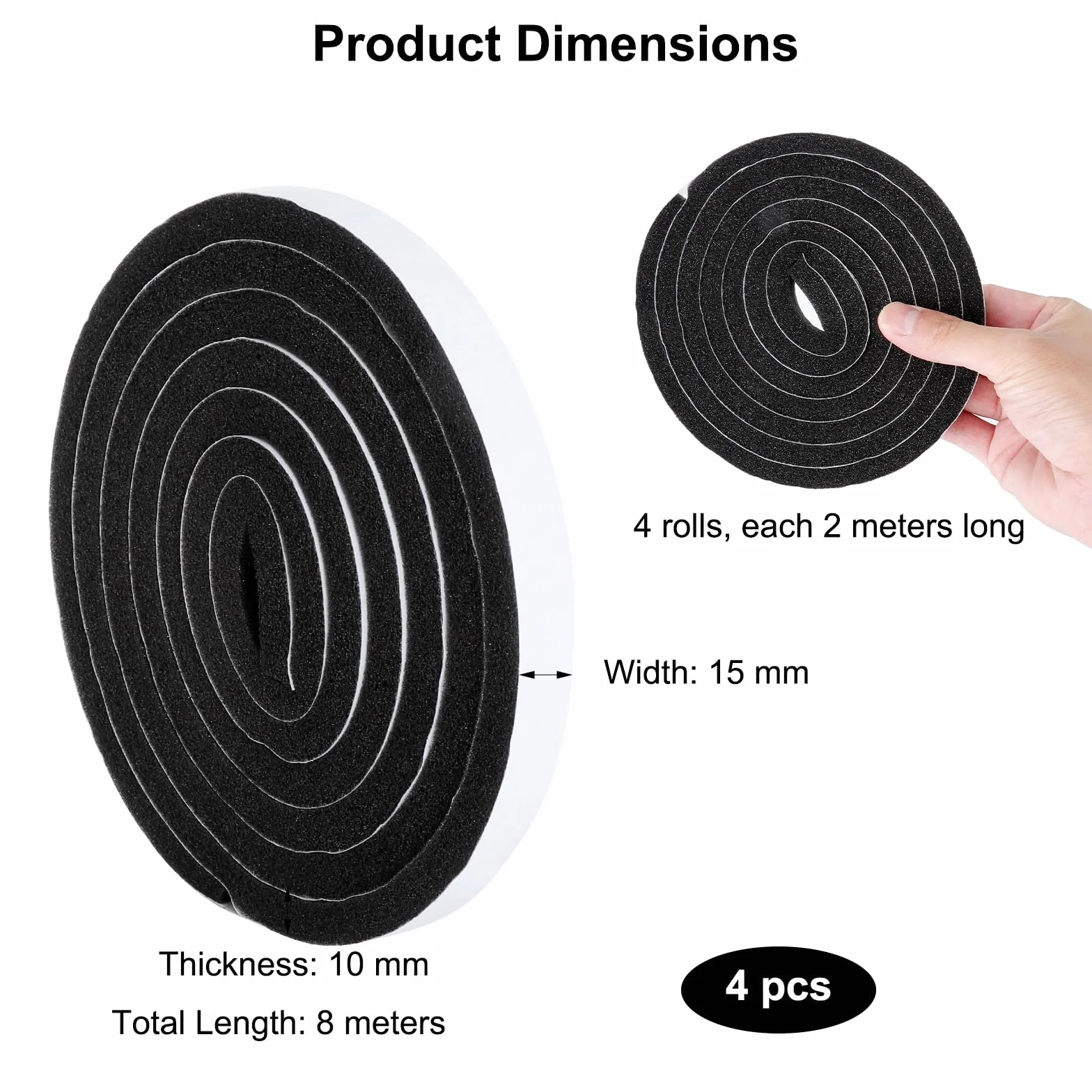 Taśma uszczelniająca samoprzylepna piankowa 15 mm x 10 mm x 8 m, wodoszczelna, izolacja akustyczna