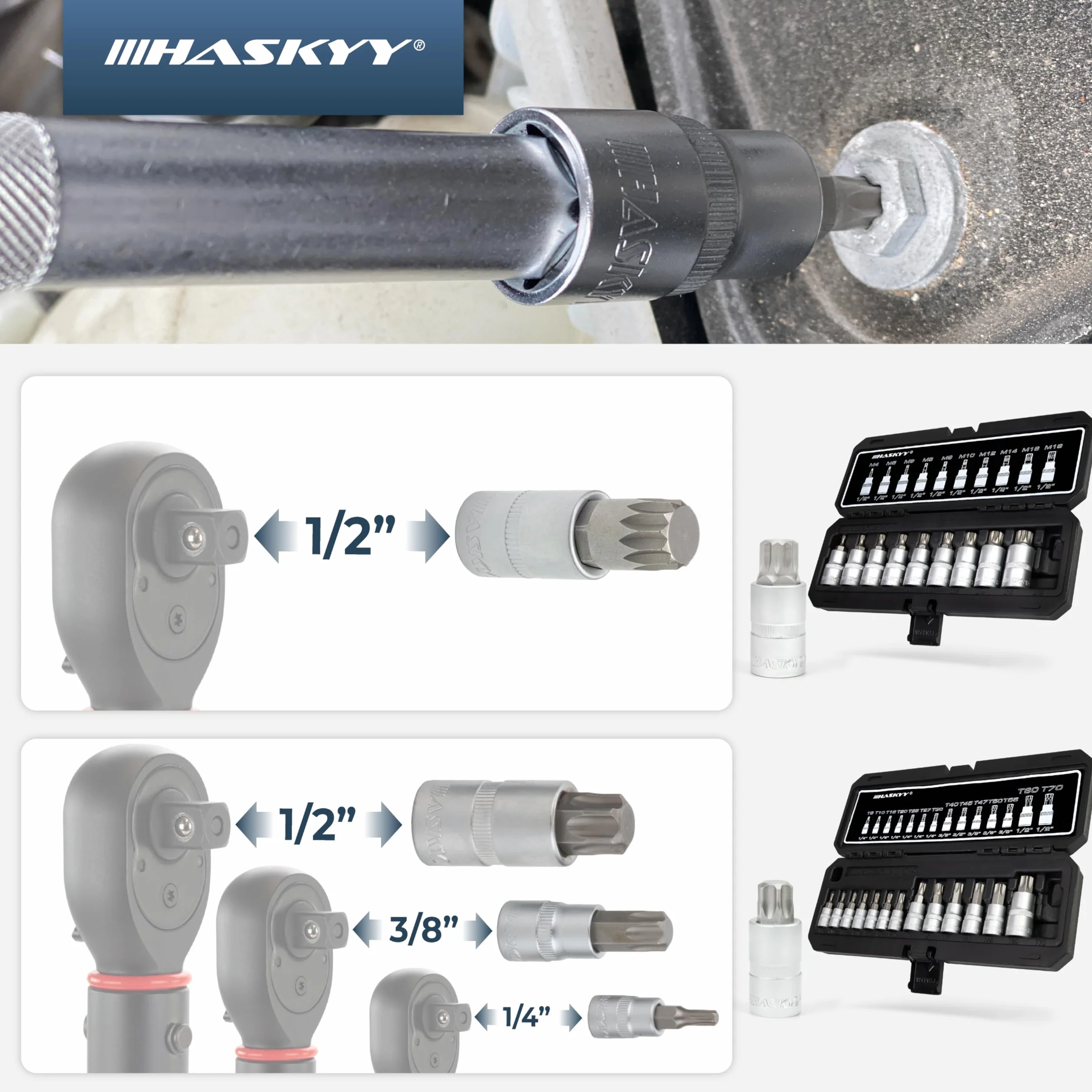 HASKYY Torx XZN 24-częściowy zestaw kluczy nasadowych T8-T70 M4-M18 1/4" 3/8" 1/2"