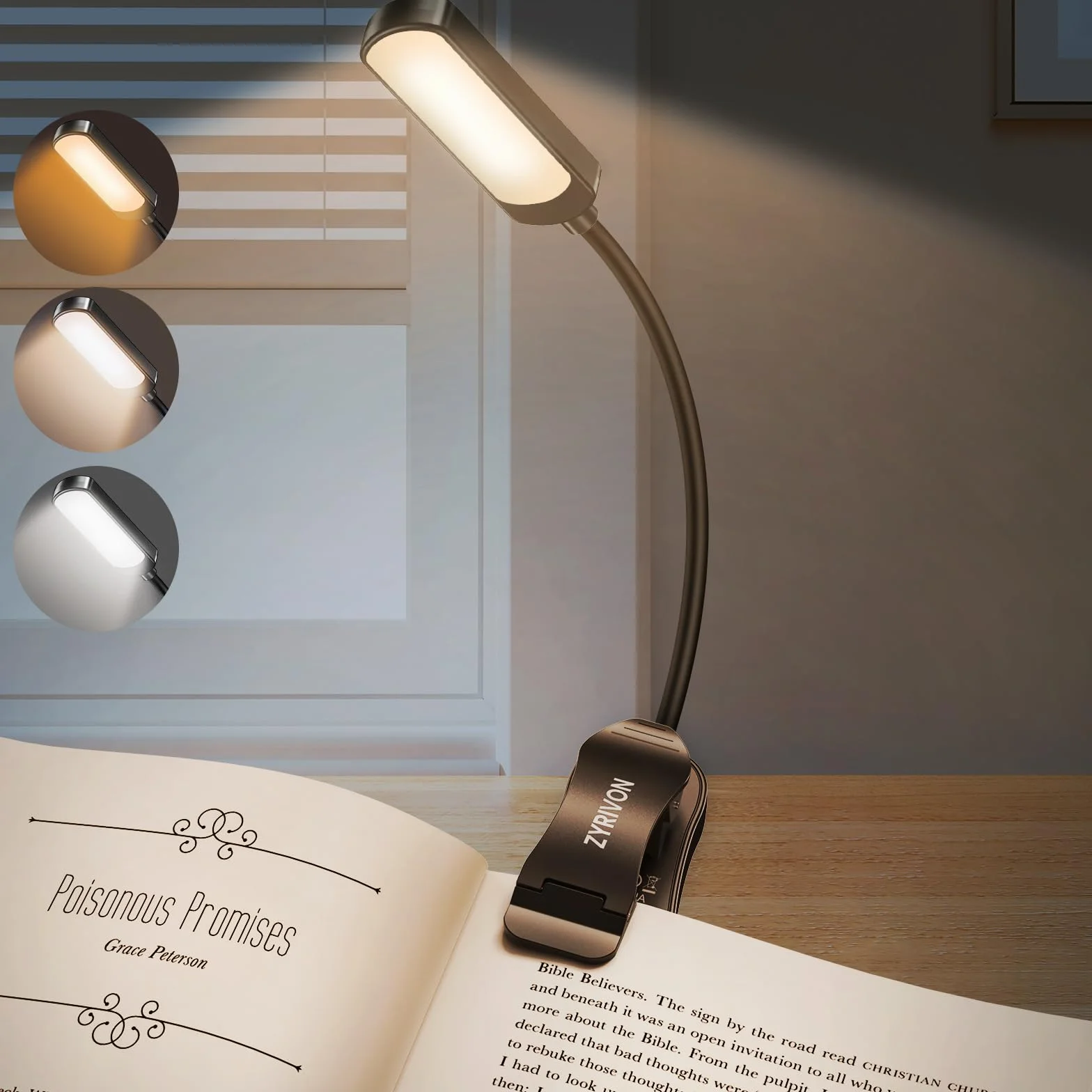 Lampka do czytania LED 16 diod 3 kolory ochrona oczu ładowanie USB 5 poziomów jasności elastyczna z klipsem