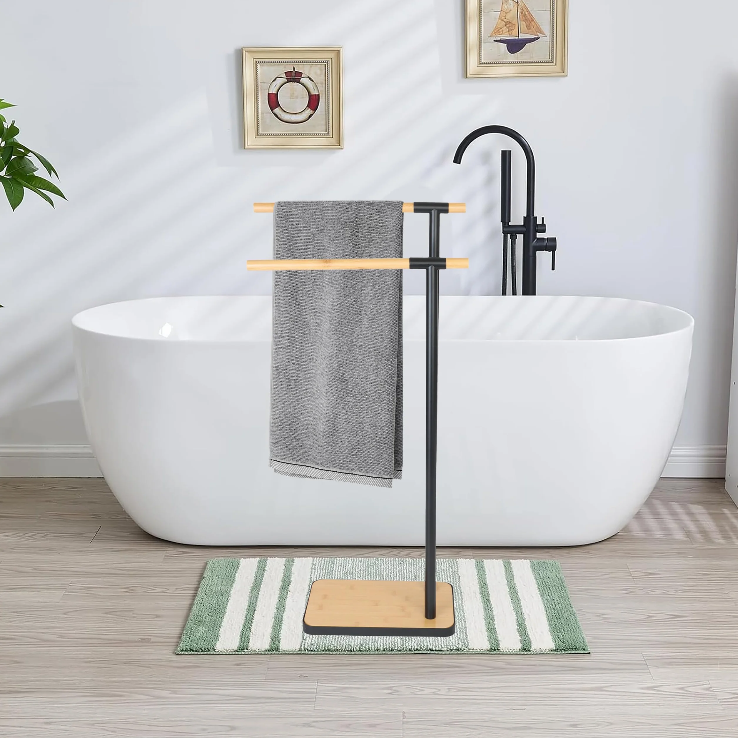 Relaxdays Wieszak na ręczniki stojący z 2 drążkami, stal i bambus, naturalny/czarny