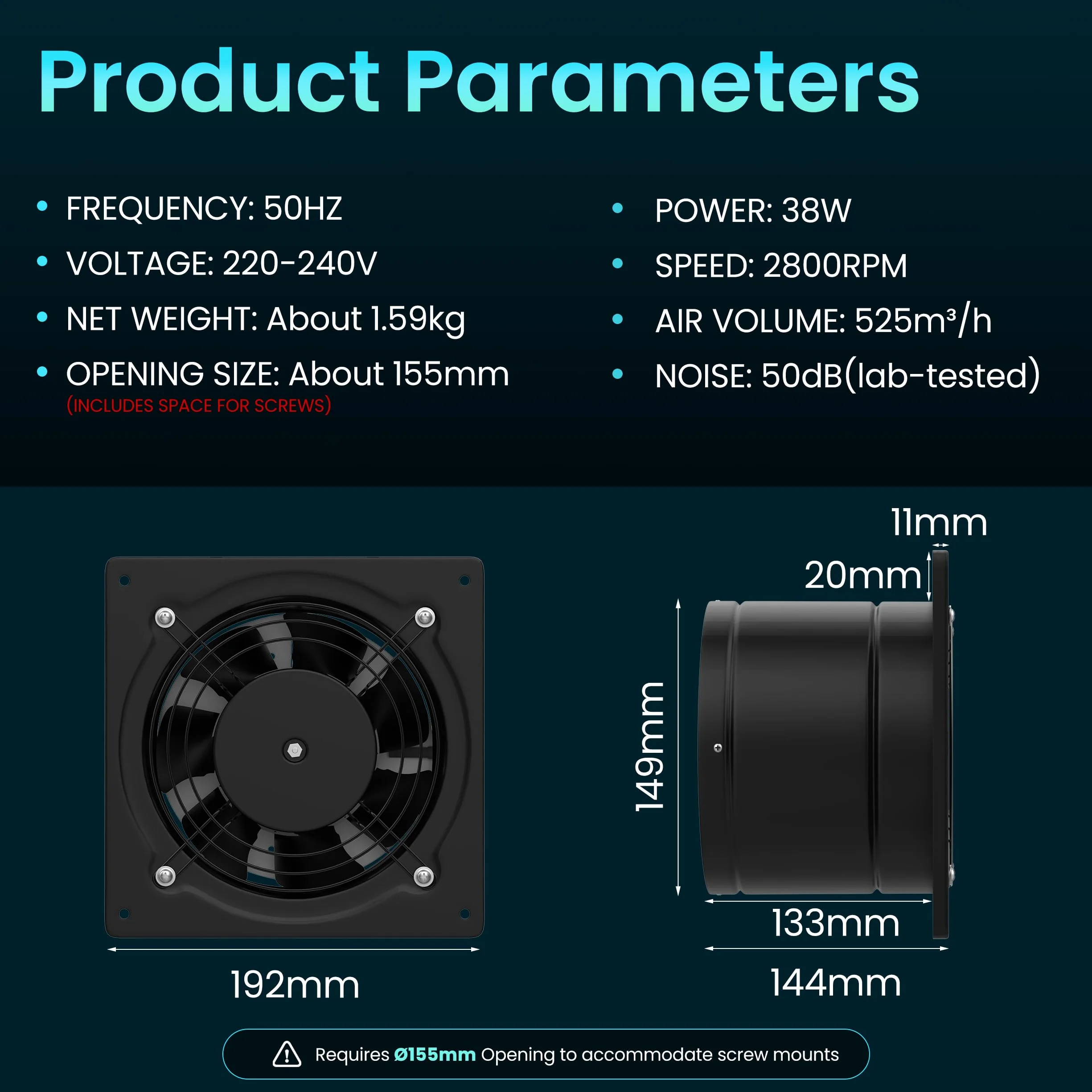 HG Power Wentylator wyciągowy 150 mm 525 m³/h 38 W cichy z klapą zwrotną przemysłowy wentylator ścienny czarny