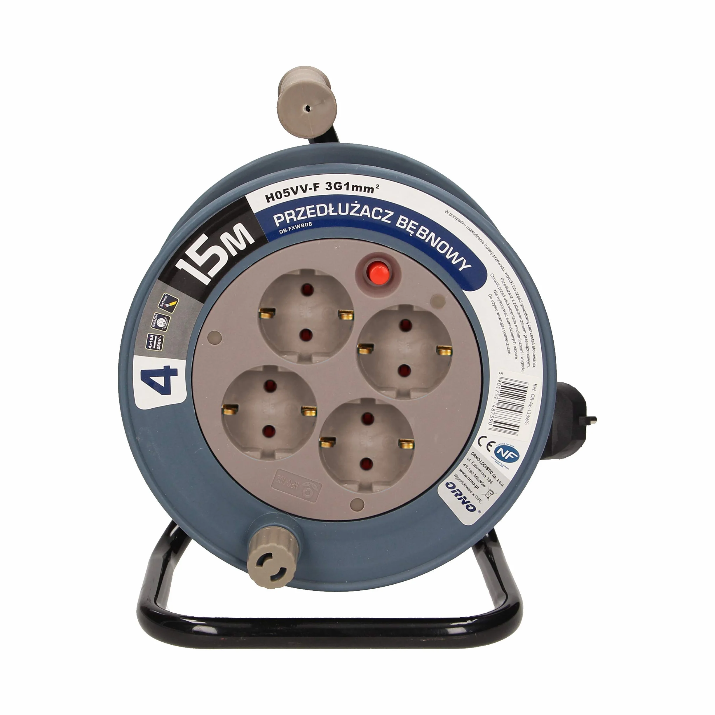 Orno AE-1339 mini bęben kablowy 15 m 4 gniazda metalowy stojak zabezpieczenie termiczne 2300 W 10 A 230 V 50 Hz szary