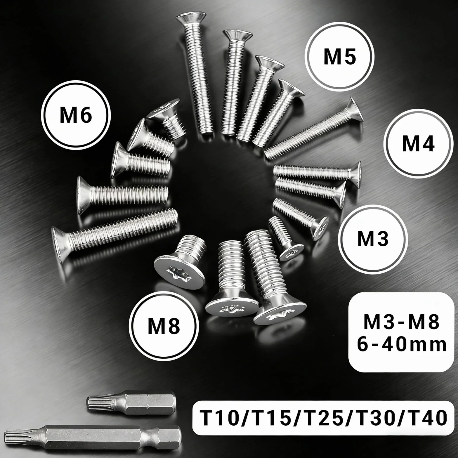 Śruby z łbem wpuszczanym Torx M4 x 12 mm, stal nierdzewna A2 V2A, pełny gwint, zestaw 30 sztuk z bitami 25/50 mm