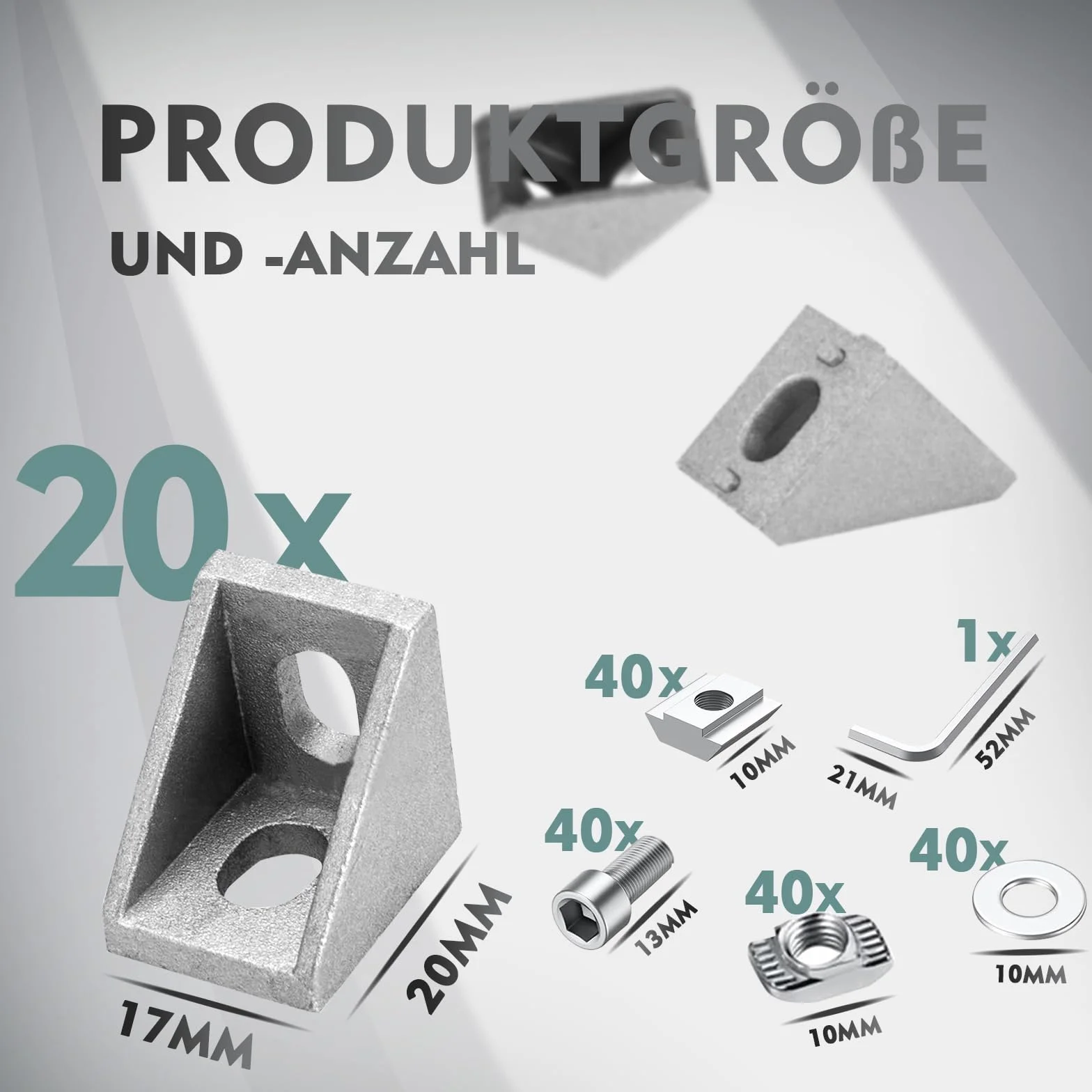 Shinfly Profil aluminiowy 20 x 20 mm, łączniki kątowe, zestaw 20 szt.