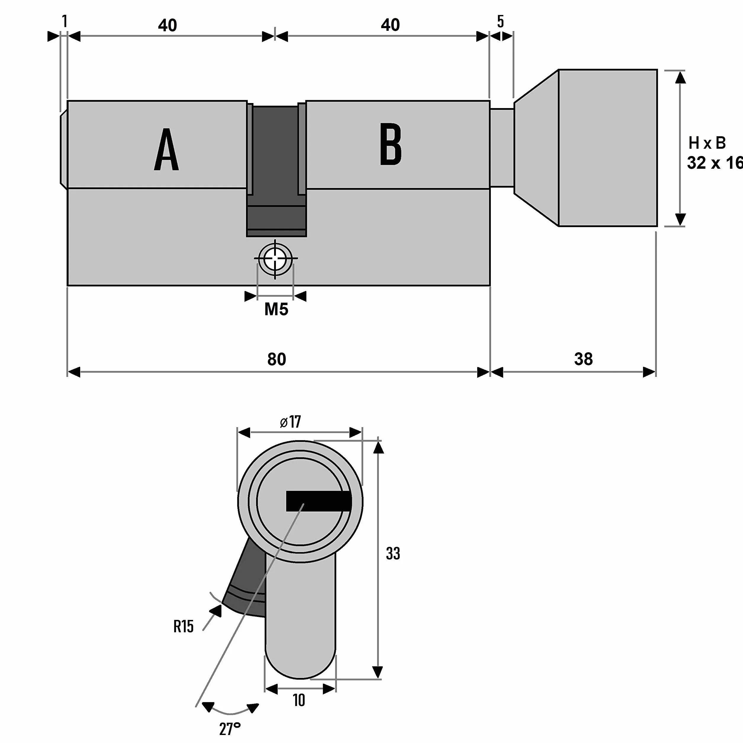 Cylinder z gałką 80 mm KSN 40/40 z funkcją awaryjną i zagrożenia zestaw 5 kluczy