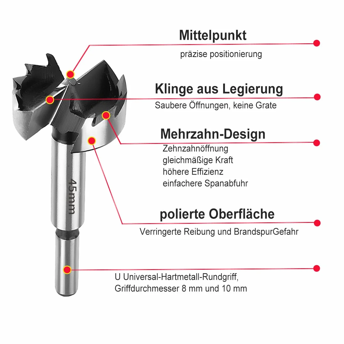 SUQIN Wiertło Forstner 50mm 10mm Trzonek Okrągły Wiertarka Stolarska Do Zawiasów