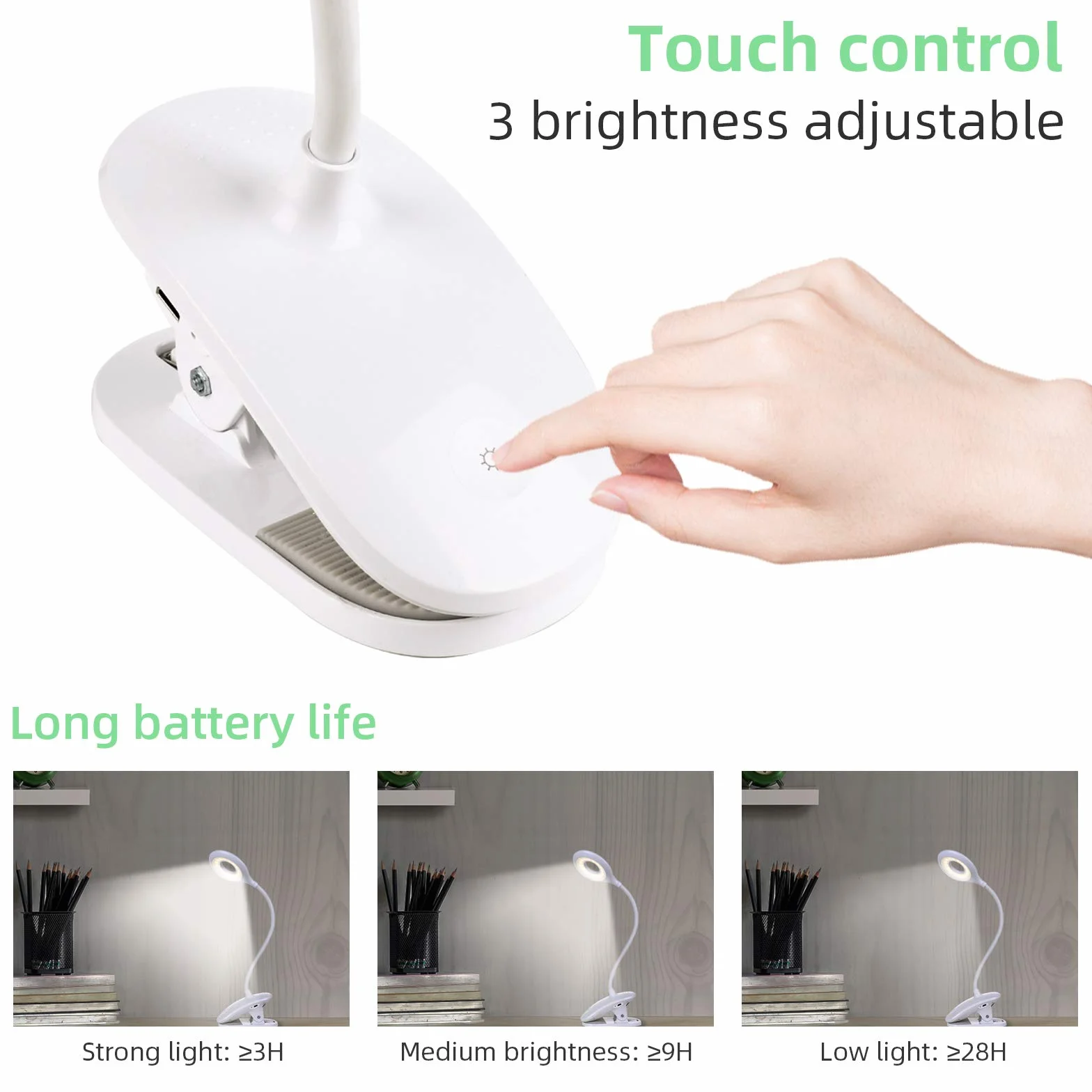 OUSFOT Lampka do Czytania Zacisk Książki z 3 Jasnościami USB Akumulator Dotykowy 360° Elastyczna Ochrona Oczu