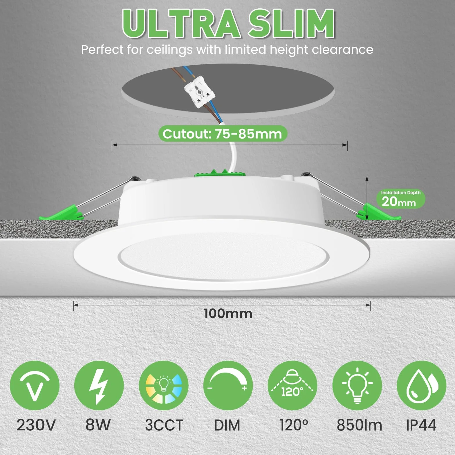 ALUSSO Wpuszczany Reflektor LED 8W 850lm Ściemnialny IP44 3CCT 3000K/4000K/6500K Φ75-85mm