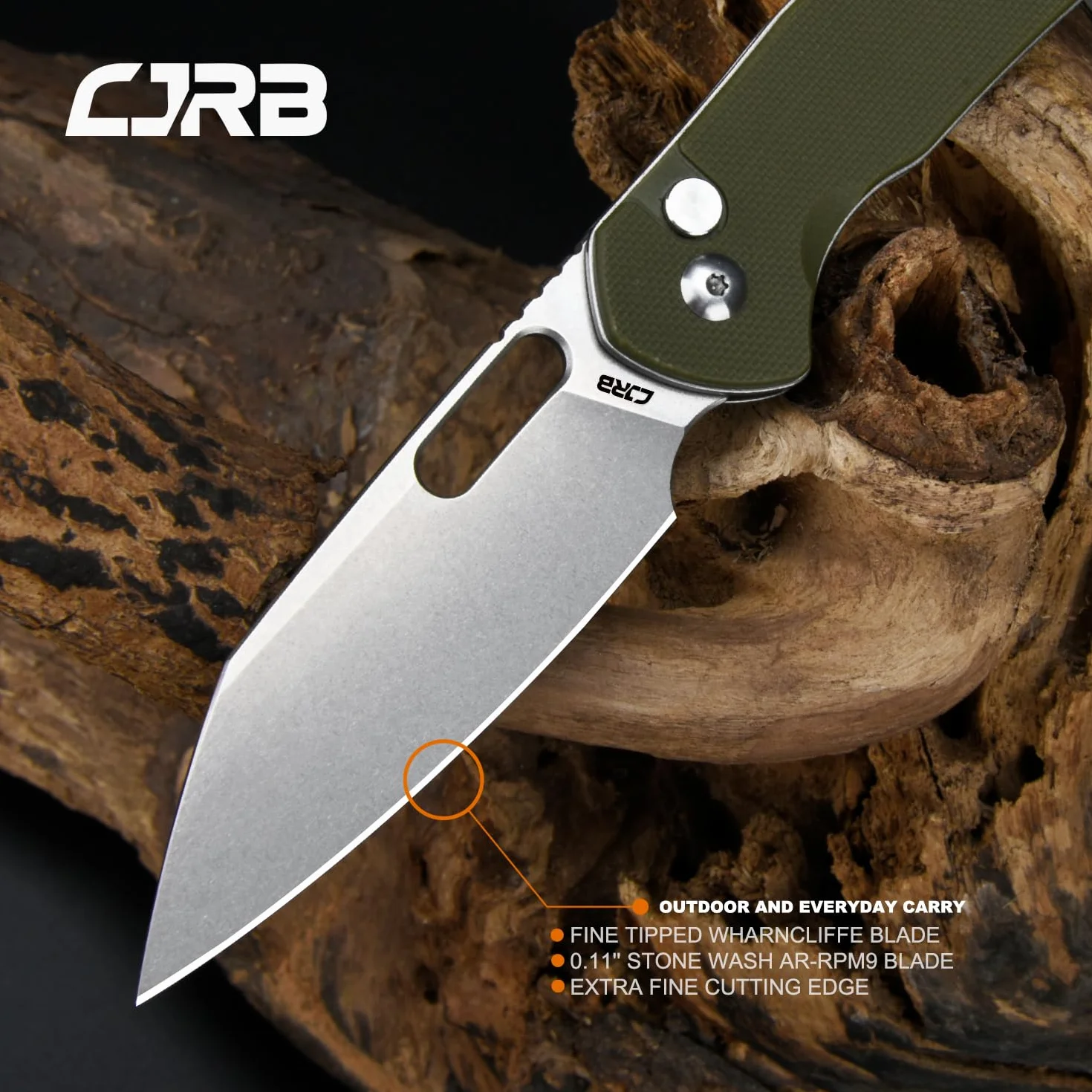 CJRB Pyrite-Alt J1925A składany scyzoryk 7 cm ostrze AR-RPM9 Wharncliffe zielony uchwyt G10 zapięcie na guziki