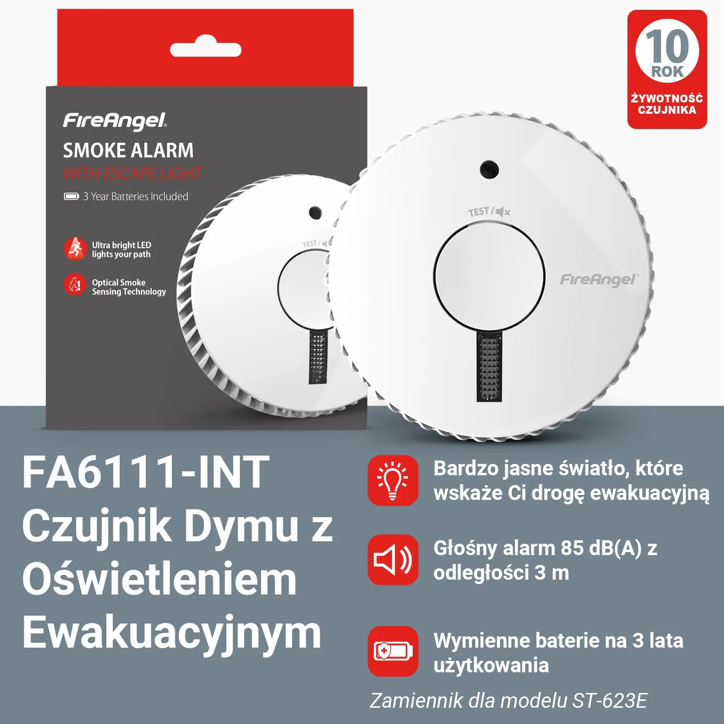 Fire Angel Optyczny Czujnik Dymu FA6611-INT Wymiennymi Bateriami Detektor Przeciwpożarowy Zamiennik ST-623E