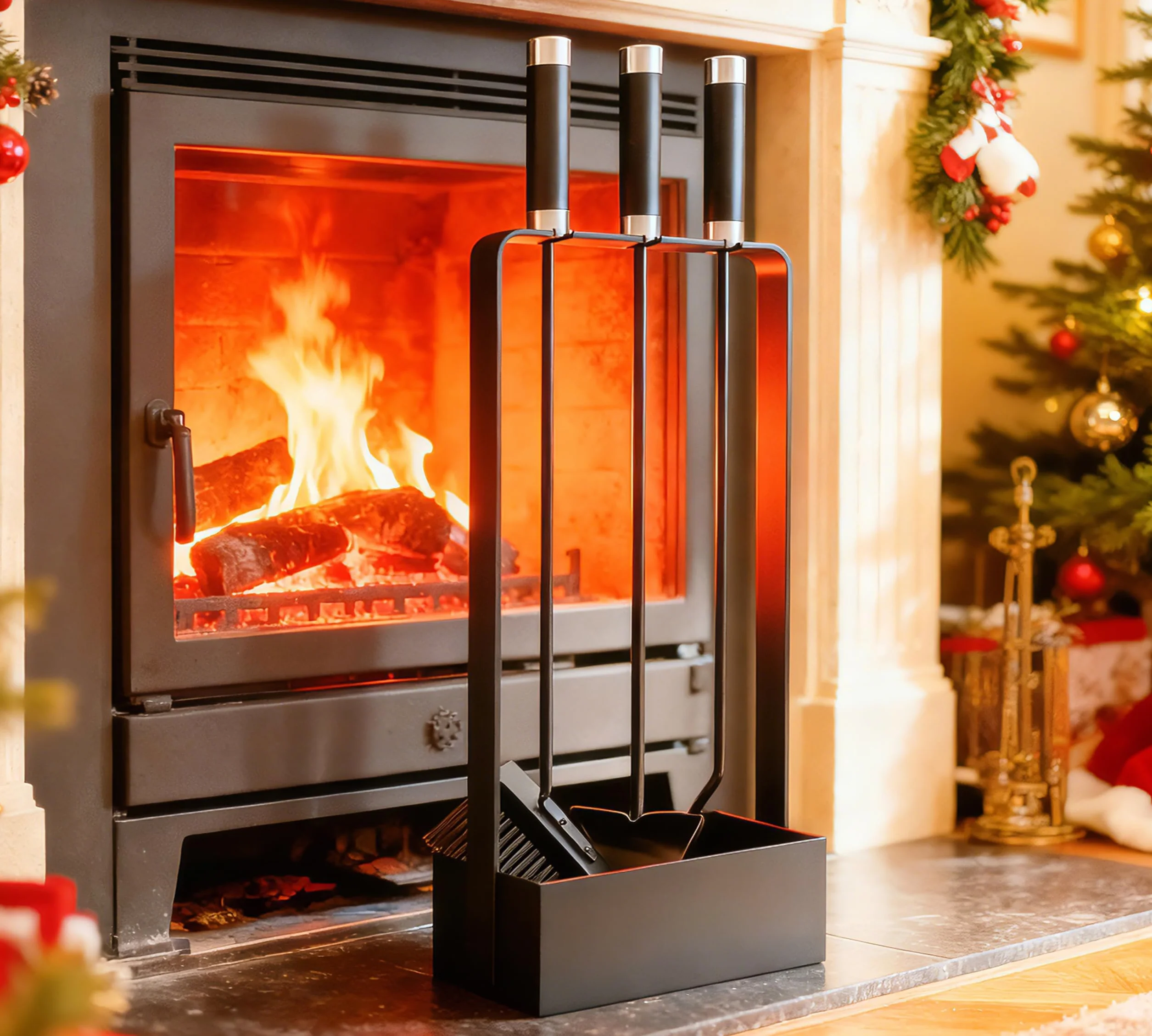 Kingson Zestaw narzędzi kominkowych 3 szt. 53 cm czarny stojak żelazo stal nierdzewna