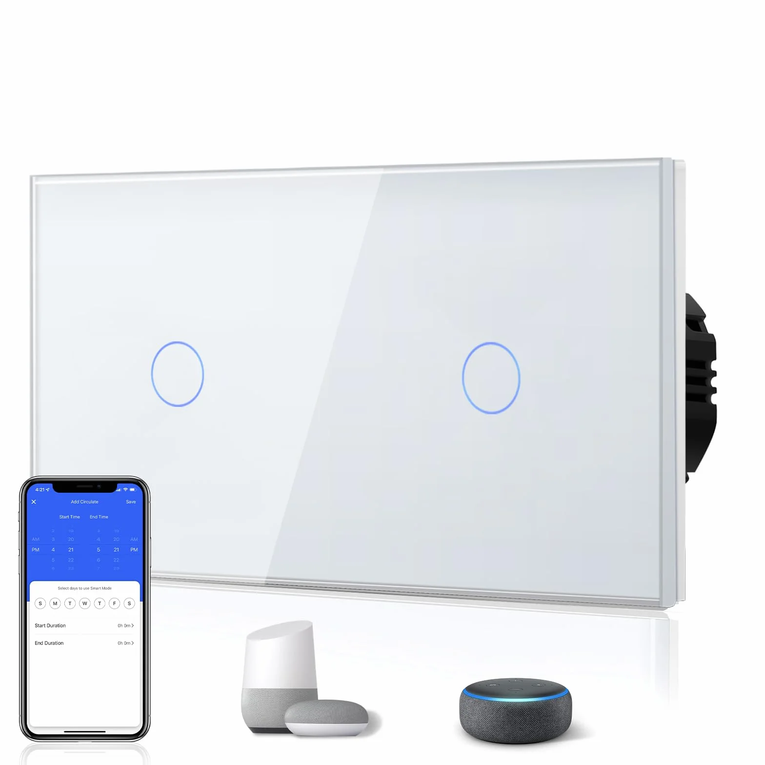 BSEED Smart Alexa Double WiFi Touch Light Switch 1-Way Wall Glass Panel White 157x86mm