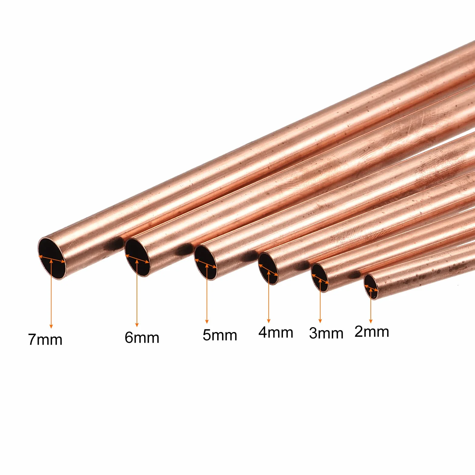 Zestaw 6 sztuk rur miedzianych 2-7 mm x 0,2 mm 200 mm