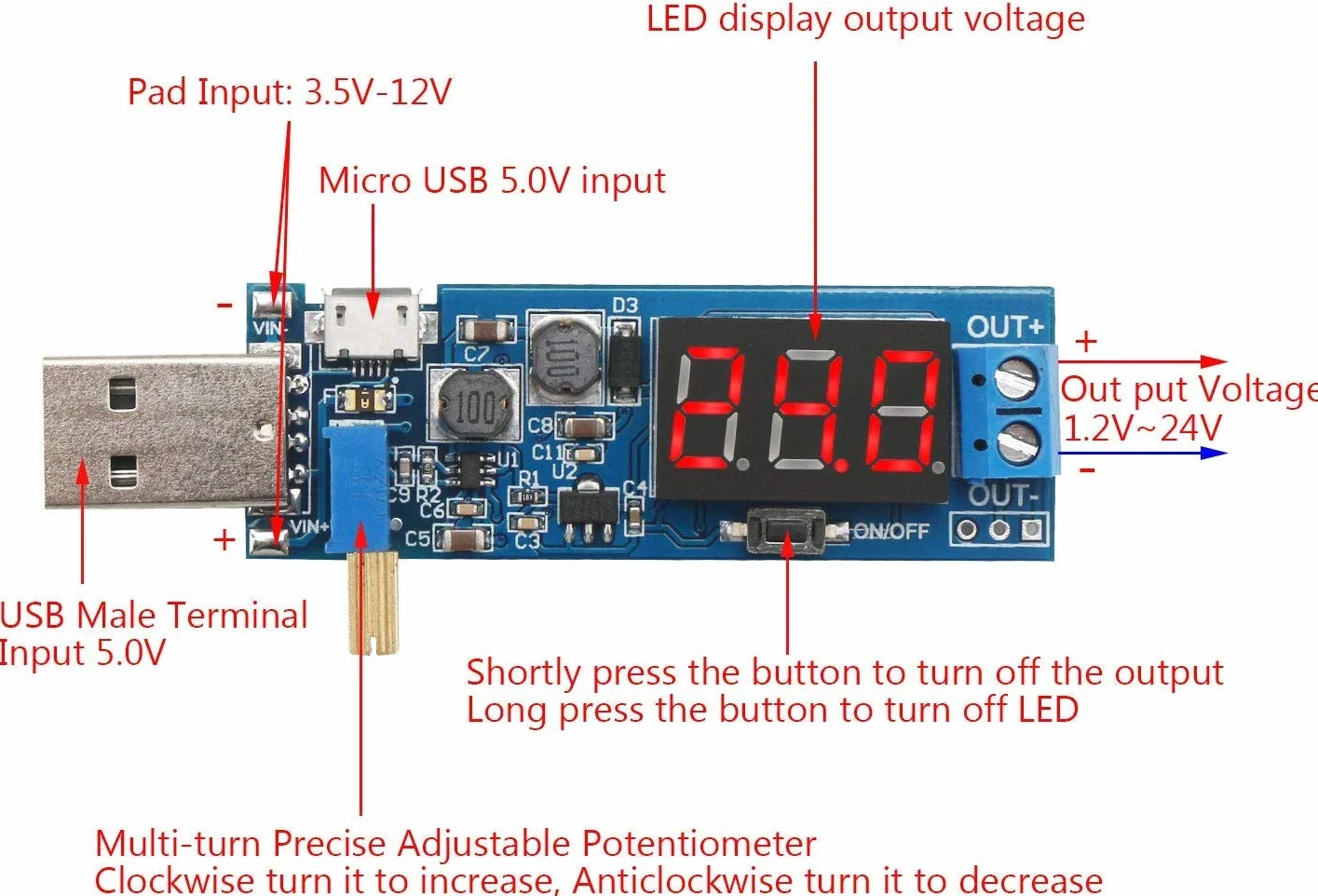 DollaTek Regulator wejścia USB DC 3,5 V-12 V na 1,2 V-24 V płyta konwertera Buck Boost