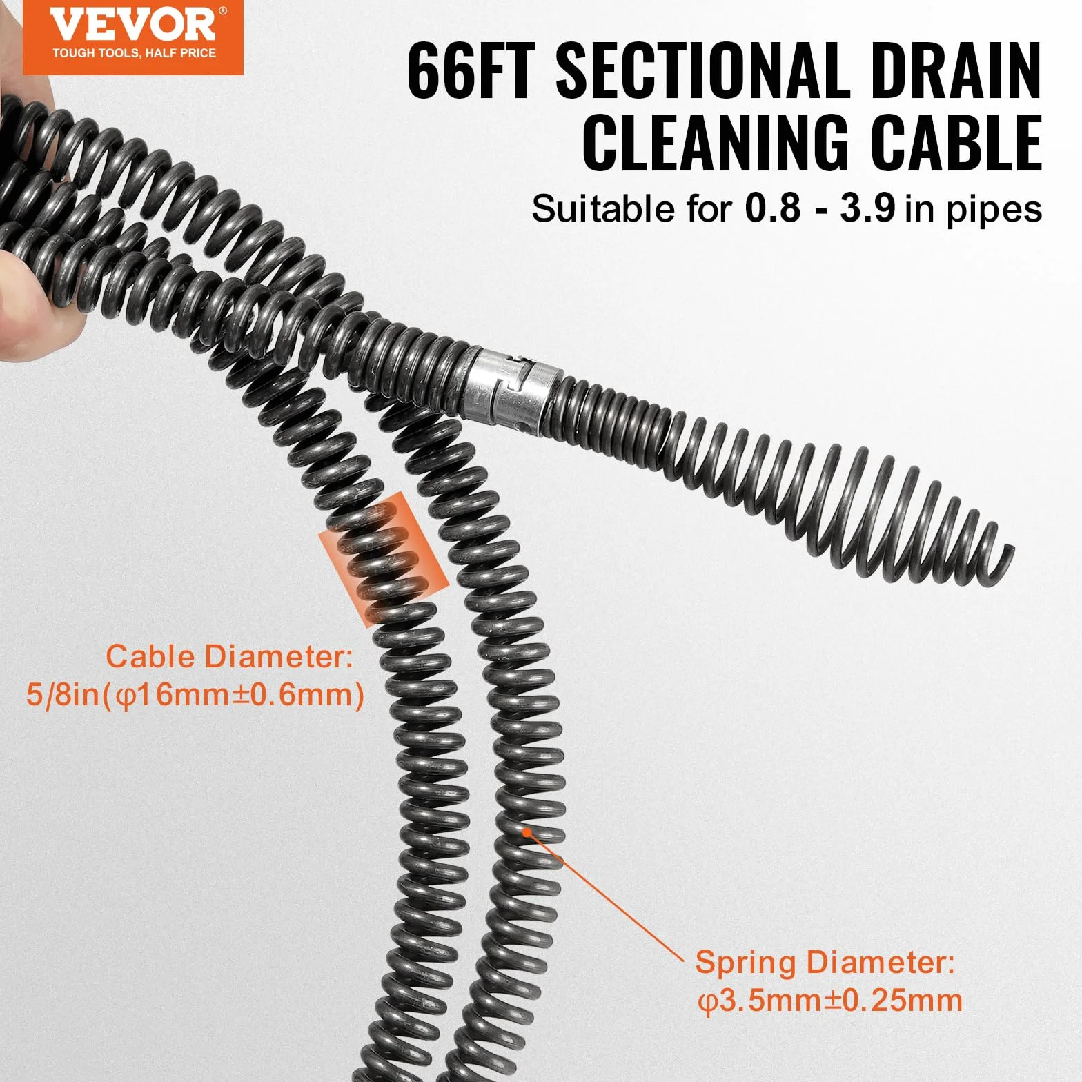VEVOR Spirala do czyszczenia rur 20 m x 16 mm, kabel z 7 nożami do rur 20-100 mm