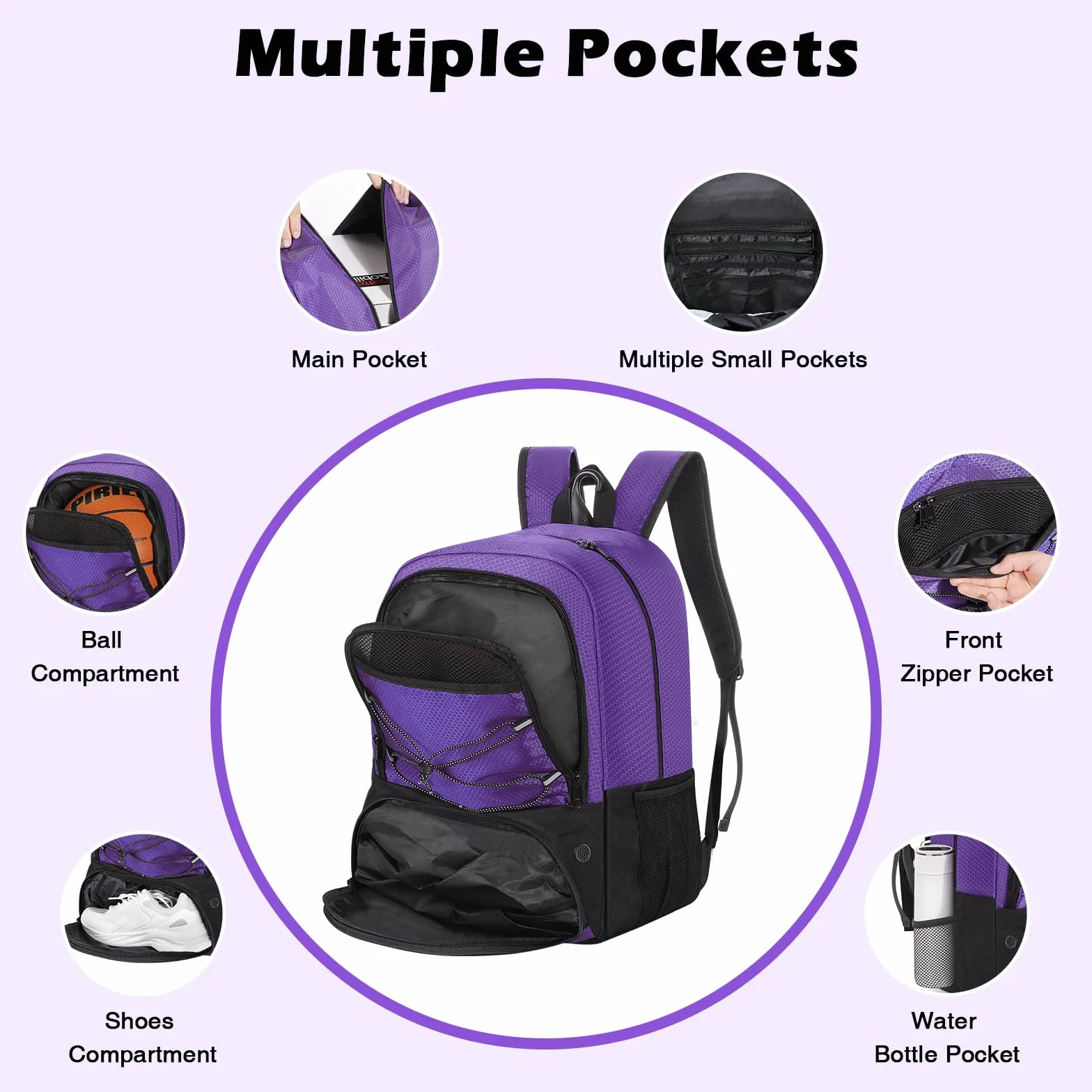 MoKo Basketball Bag Backpack, Soccer Backpack for Men & Women with Separate Ball and Shoes Compartments, Water-Resistant, Fence Hook, Sports Bag for Clothes, Shoes, Tablets, Laptops, Purple