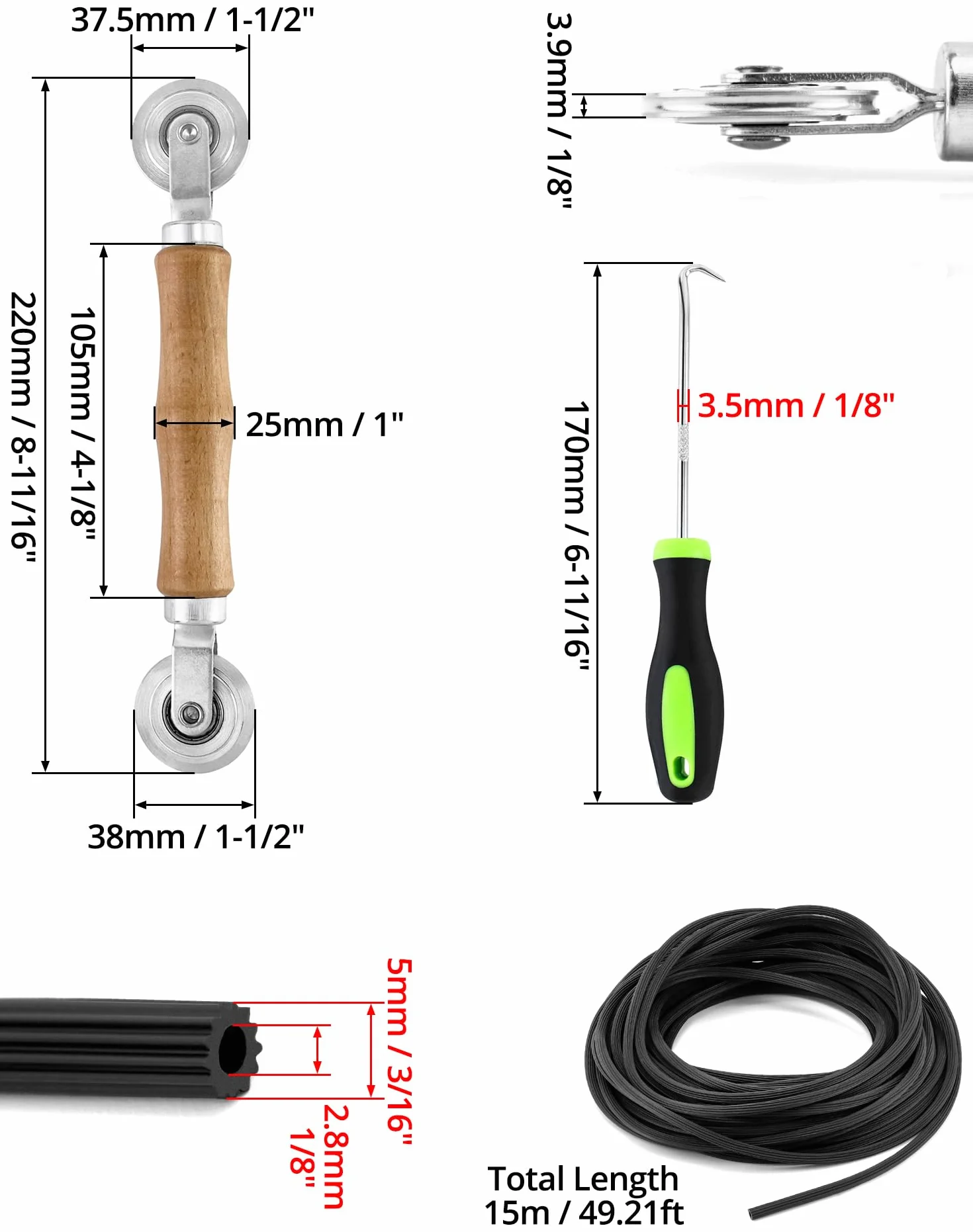 QWORK Zestaw naprawczy do moskitier 3 w 1 hak do listwy rurowej podwójny wałek uszczelniający gumowa rura 5mm x 15m
