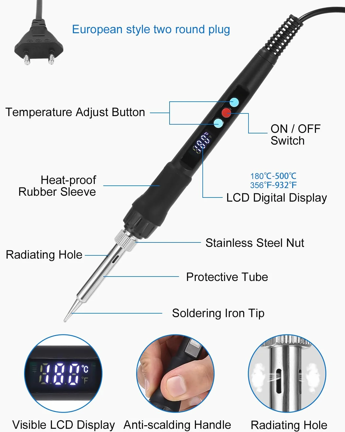 Zawaer Zestaw lutownicy LED 100W regulacja temperatury 180℃-500℃ ON/OFF