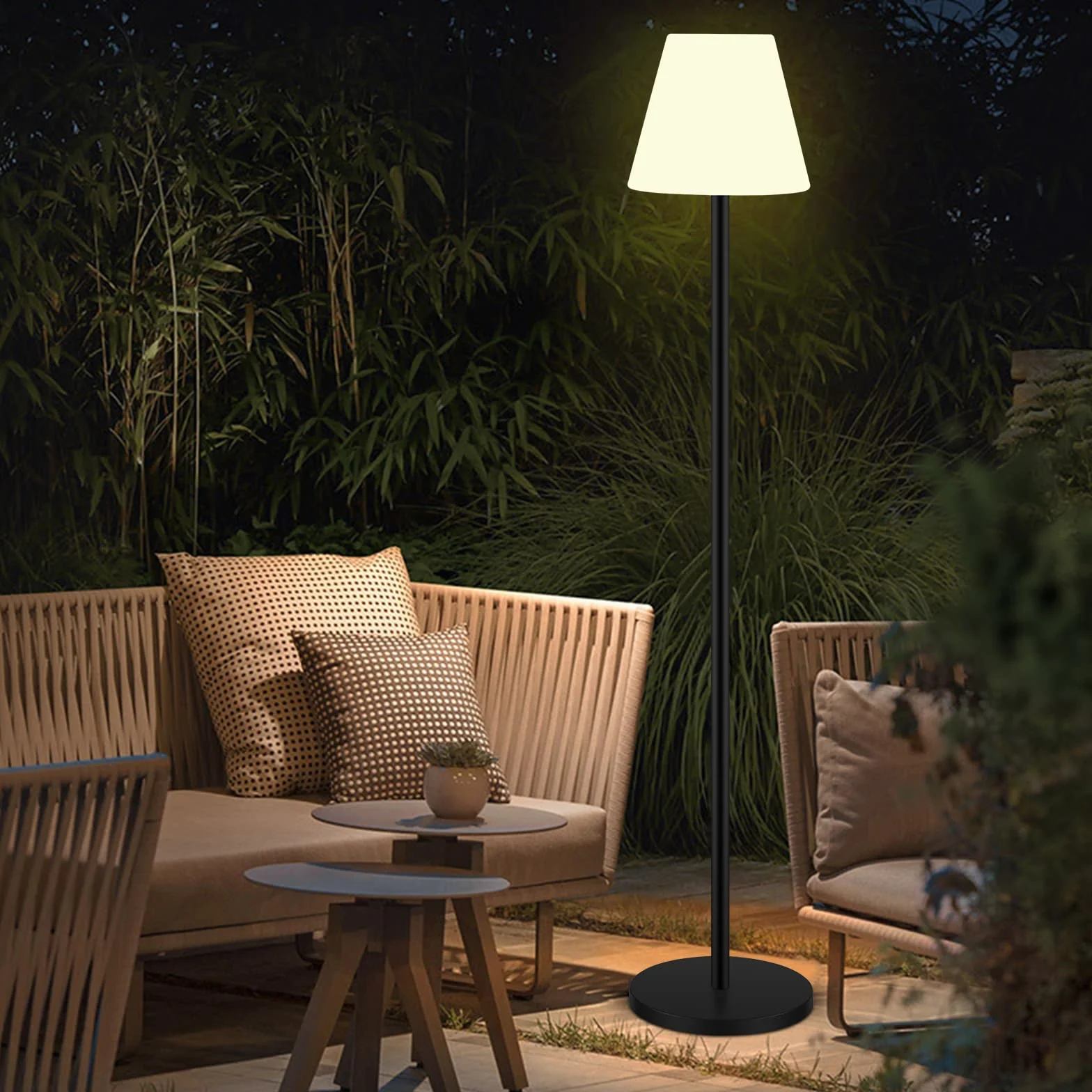 Solarna lampa podłogowa lampy zewnętrzne na patio, wodoodporna, ładowalna bezprzewodowa lampa podłogowa z czujnikiem światła, ściemniana jasność ciepła biel + lampa zewnętrzna RGB LED do