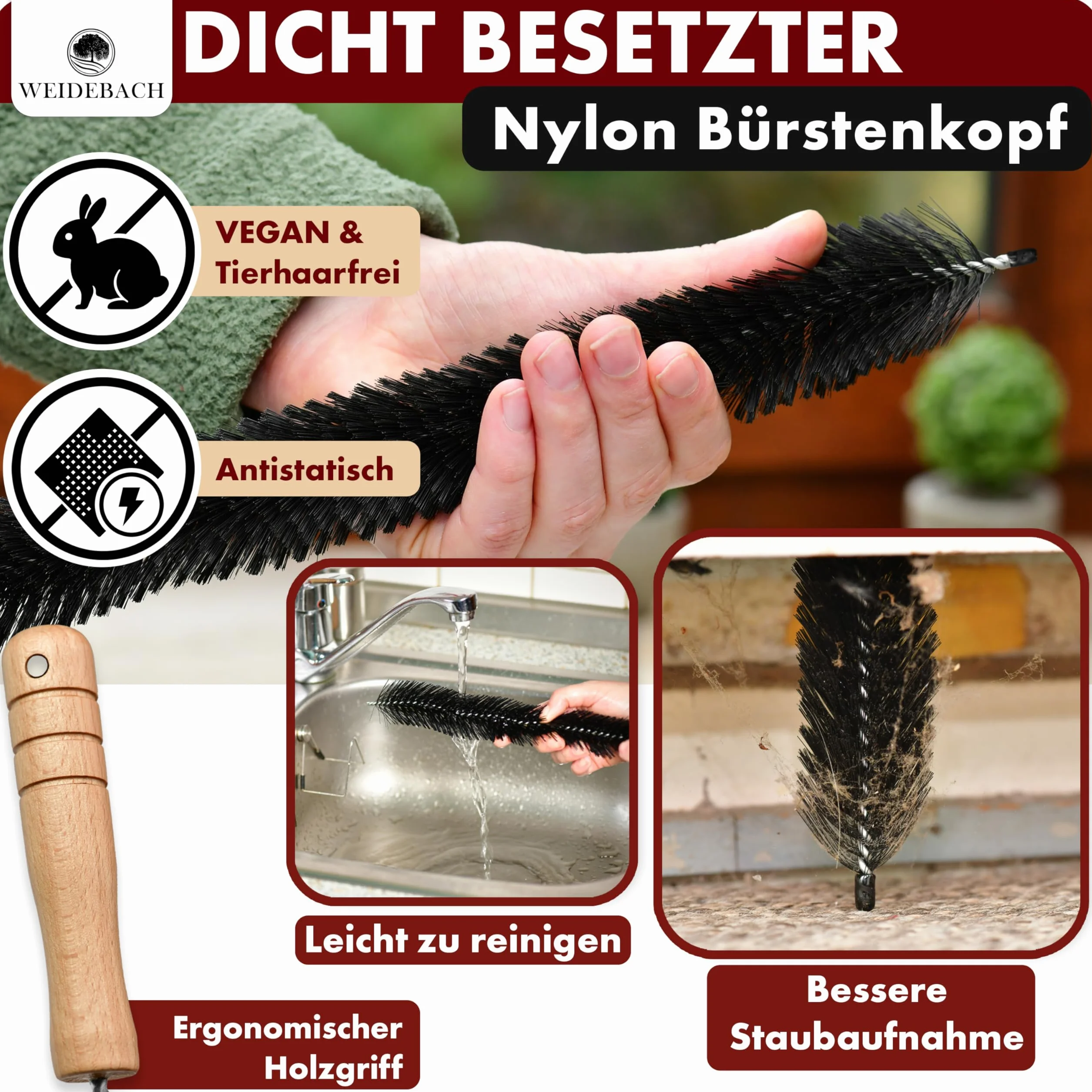 WEIDEBACH Szczotka do grzejników 90 cm długość całkowita 40 cm szczotka nylonowa do czyszczenia bez sierści zwierzęcej pod każdym kątem stabilna