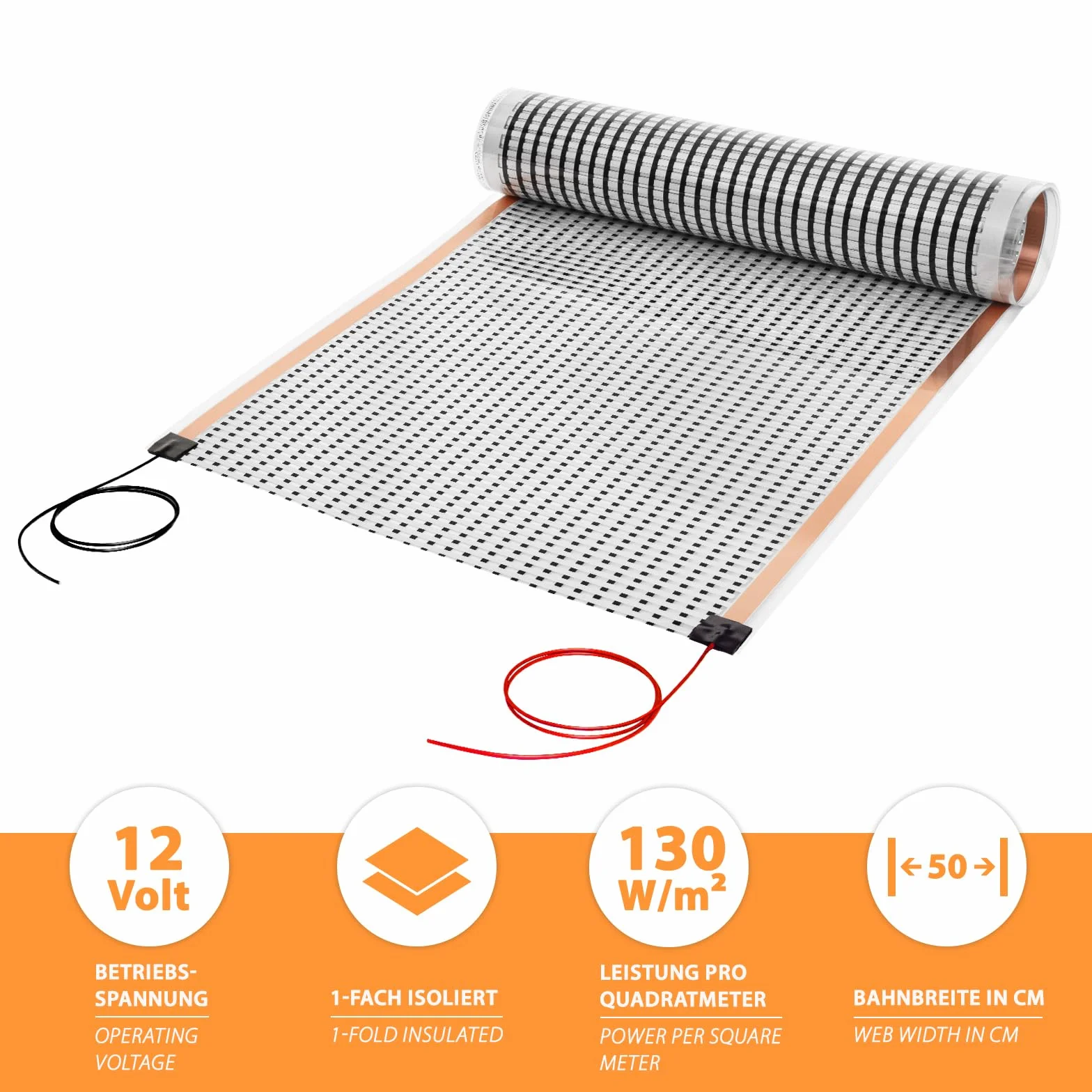 Folia grzewcza na podczerwień 12 V niskonapięciowa AC/DC 0,5 x 1,0 m 130 W/m² ogrzewanie elektryczne